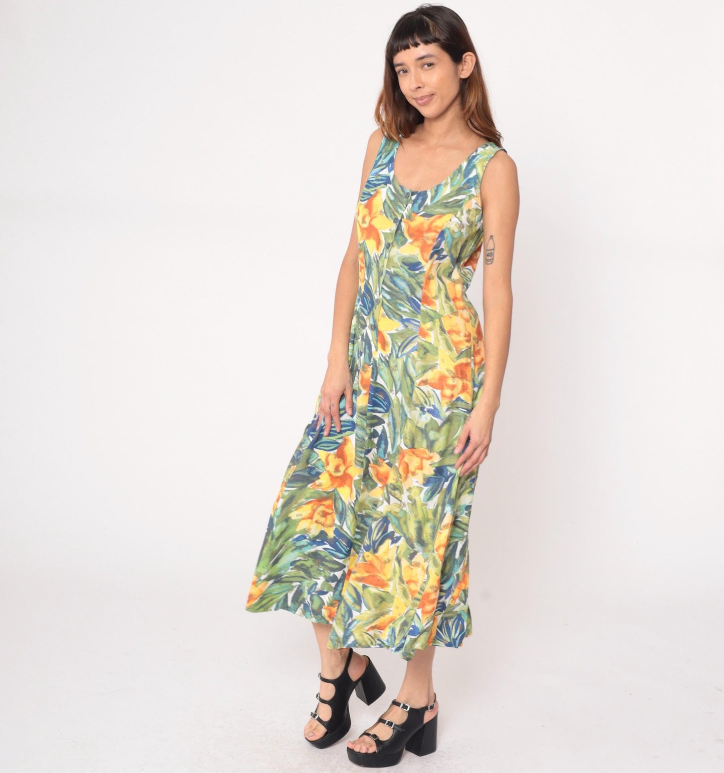 90s The Limited Tropical Floral Maxi Dress Button Front Sleeveless Medium
