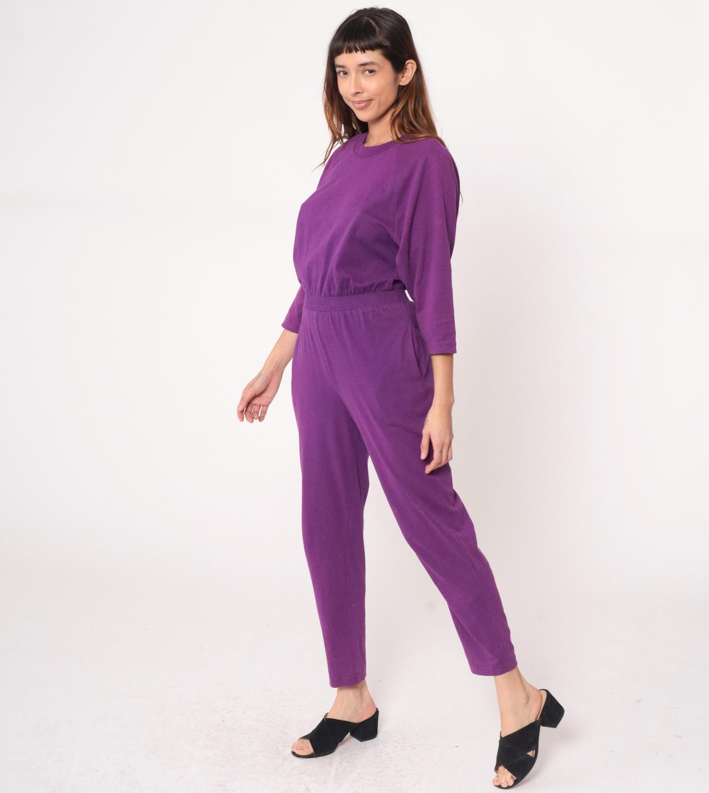 90s Purple Jumpsuit Cotton Raglan Crew Neck Tapered Ankle Medium M