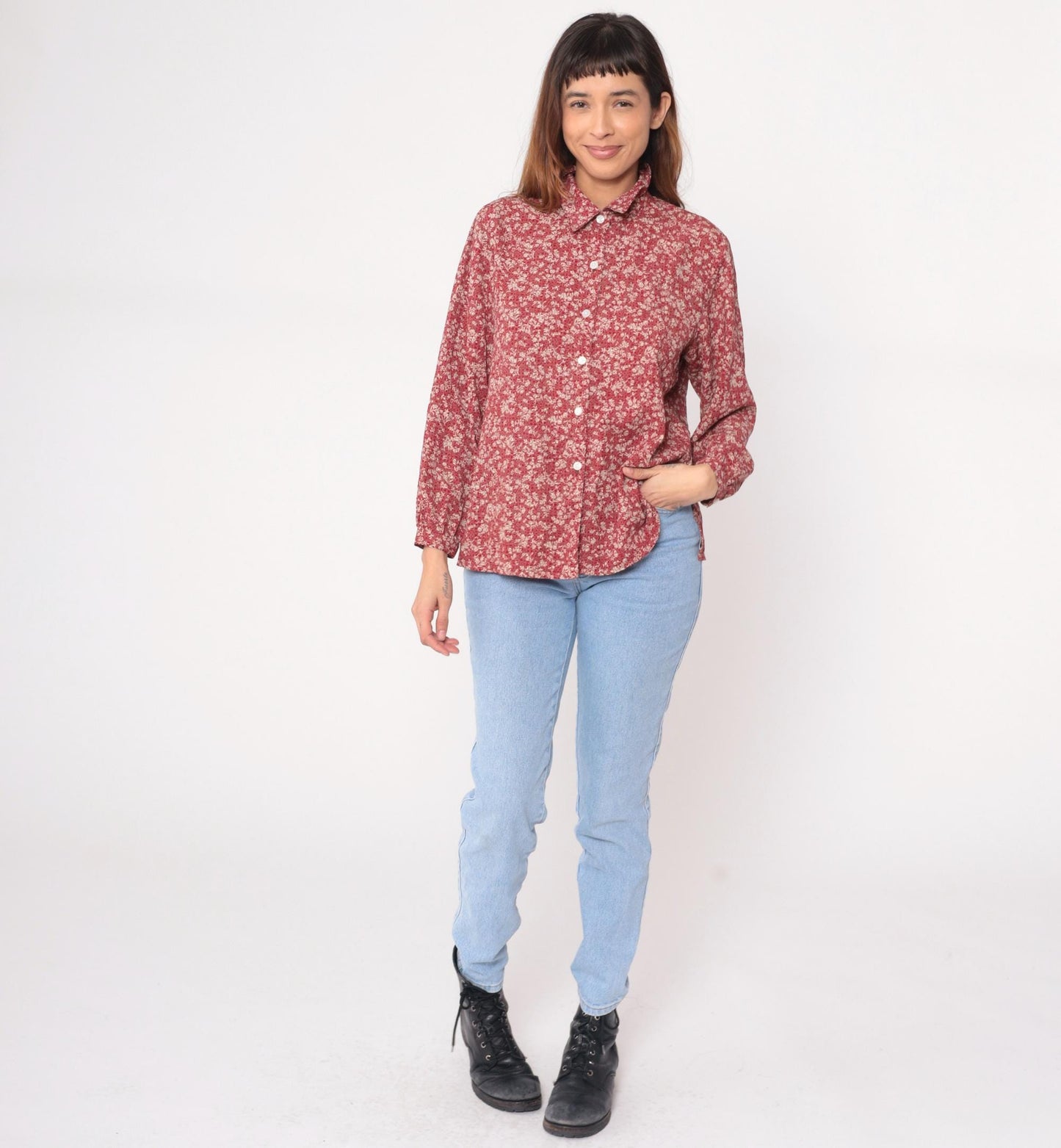 Y2K Burgundy Floral Button-Up Blouse TAK High Fashion Pointed Collar Large L