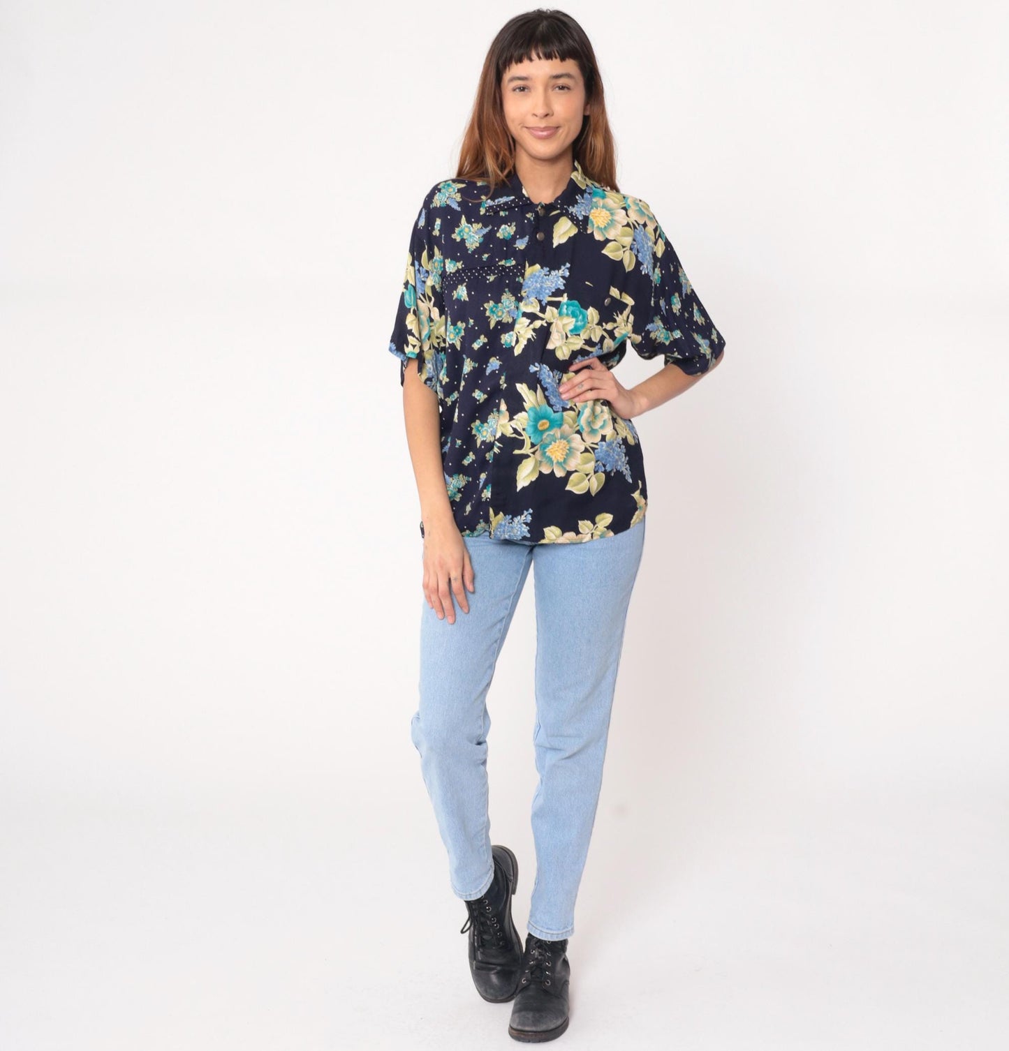 90s Navy Floral Rayon Blouse Turquoise Cream Yellow Flowers Short Sleeve Large