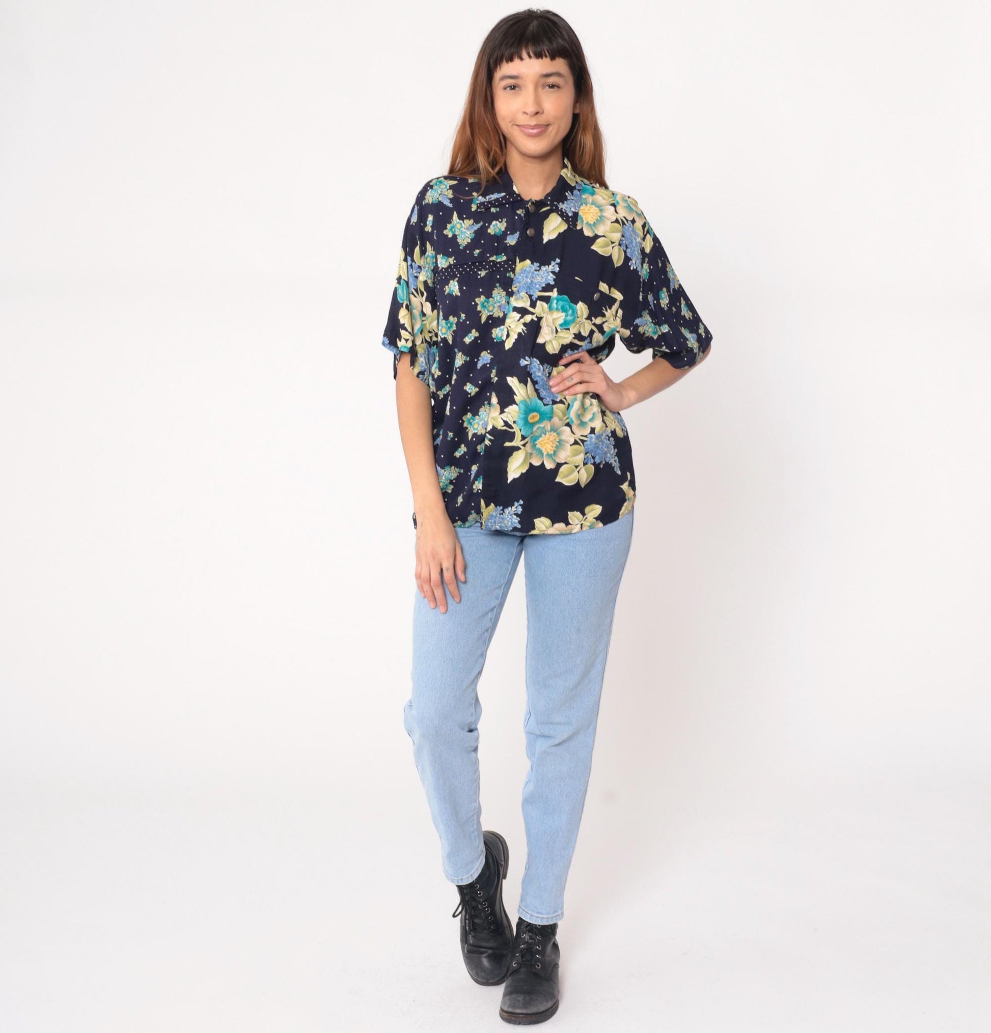 90s Navy Floral Rayon Blouse Turquoise Cream Yellow Flowers Short Sleeve Large
