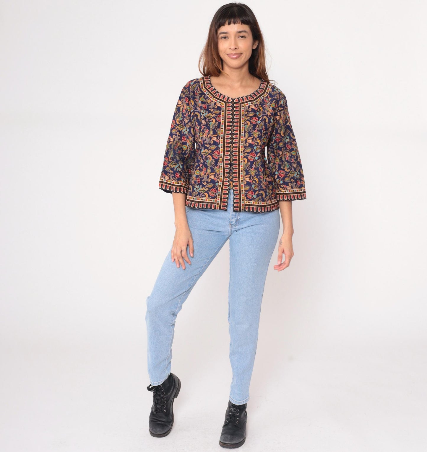 90s Navy Floral Paisley Cotton Blouse Geometric Trim Three Quarter Sleeve Small S