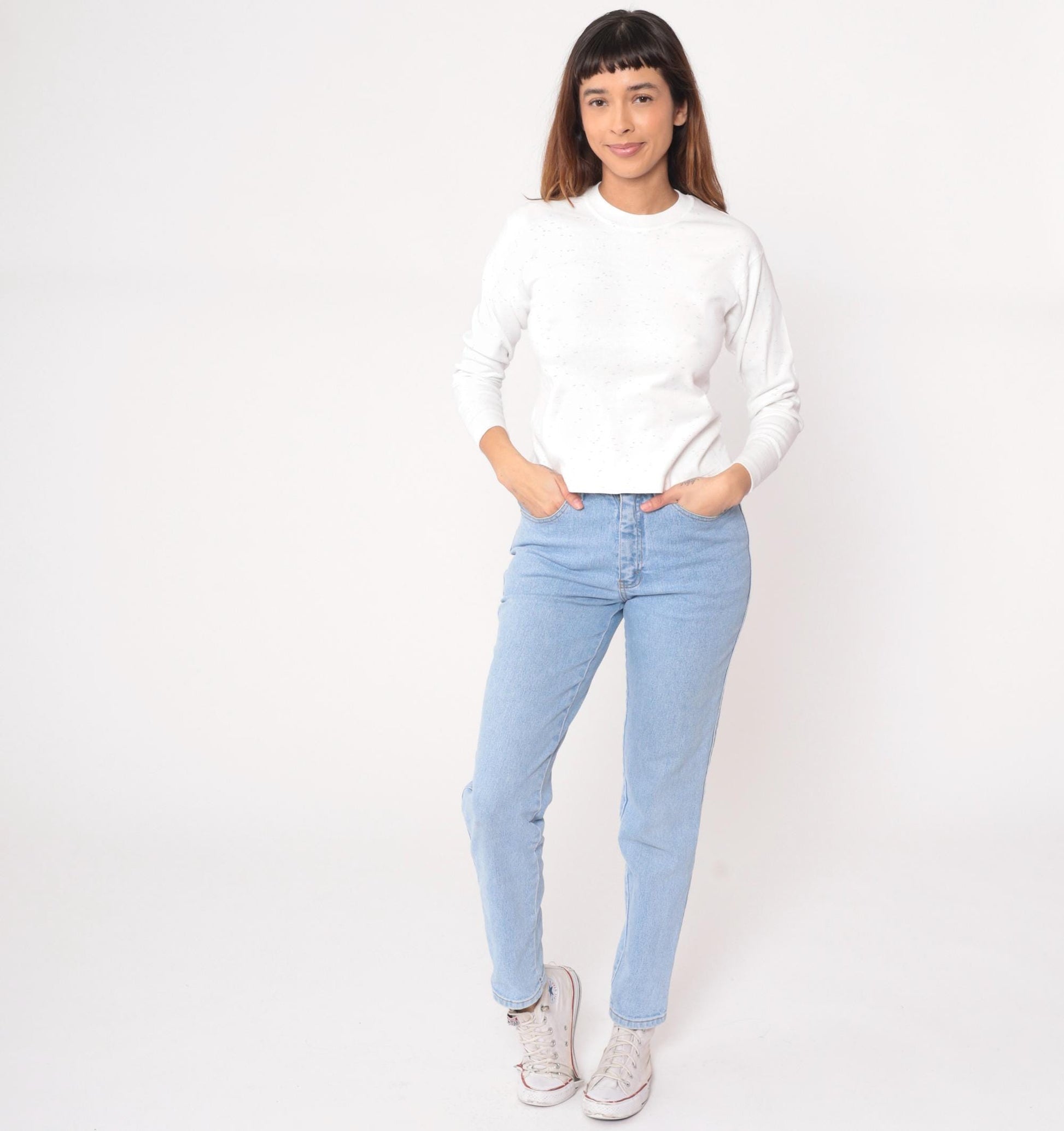 90s White Thermal Waffle Knit Crew Neck Long Sleeve Top Medium M