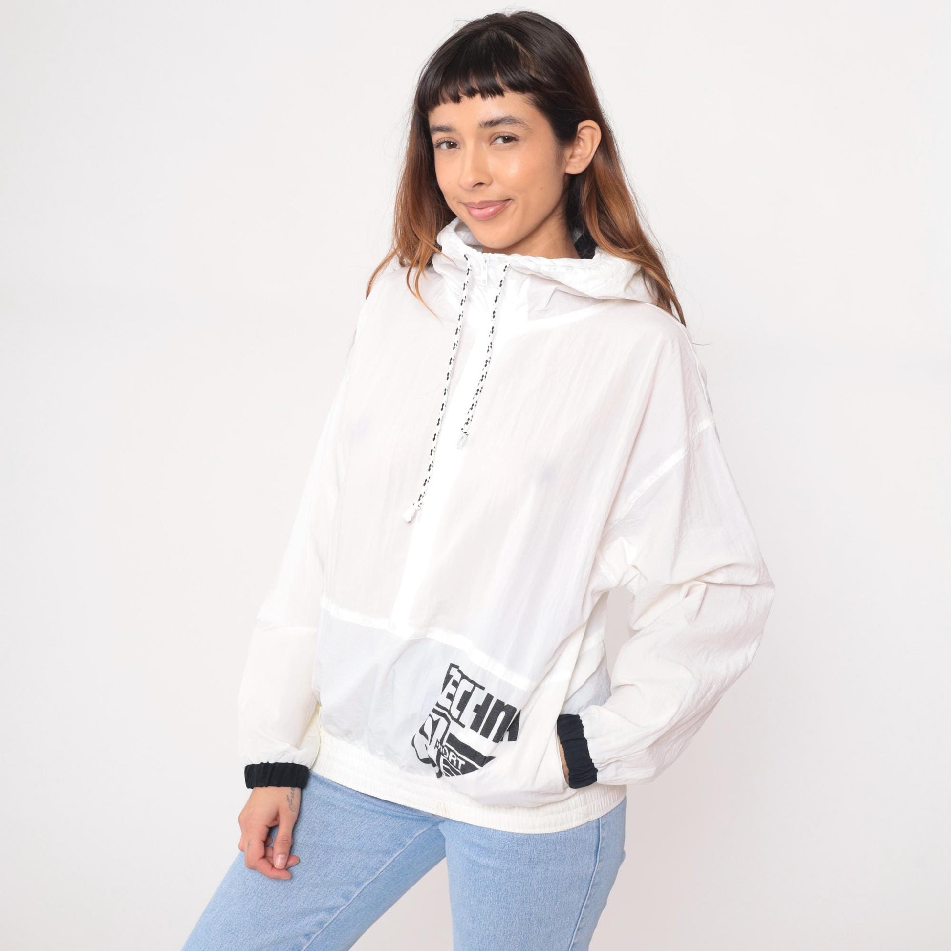 90s Techno Sport White Nylon Windbreaker Hooded Jacket Black Trim Small S