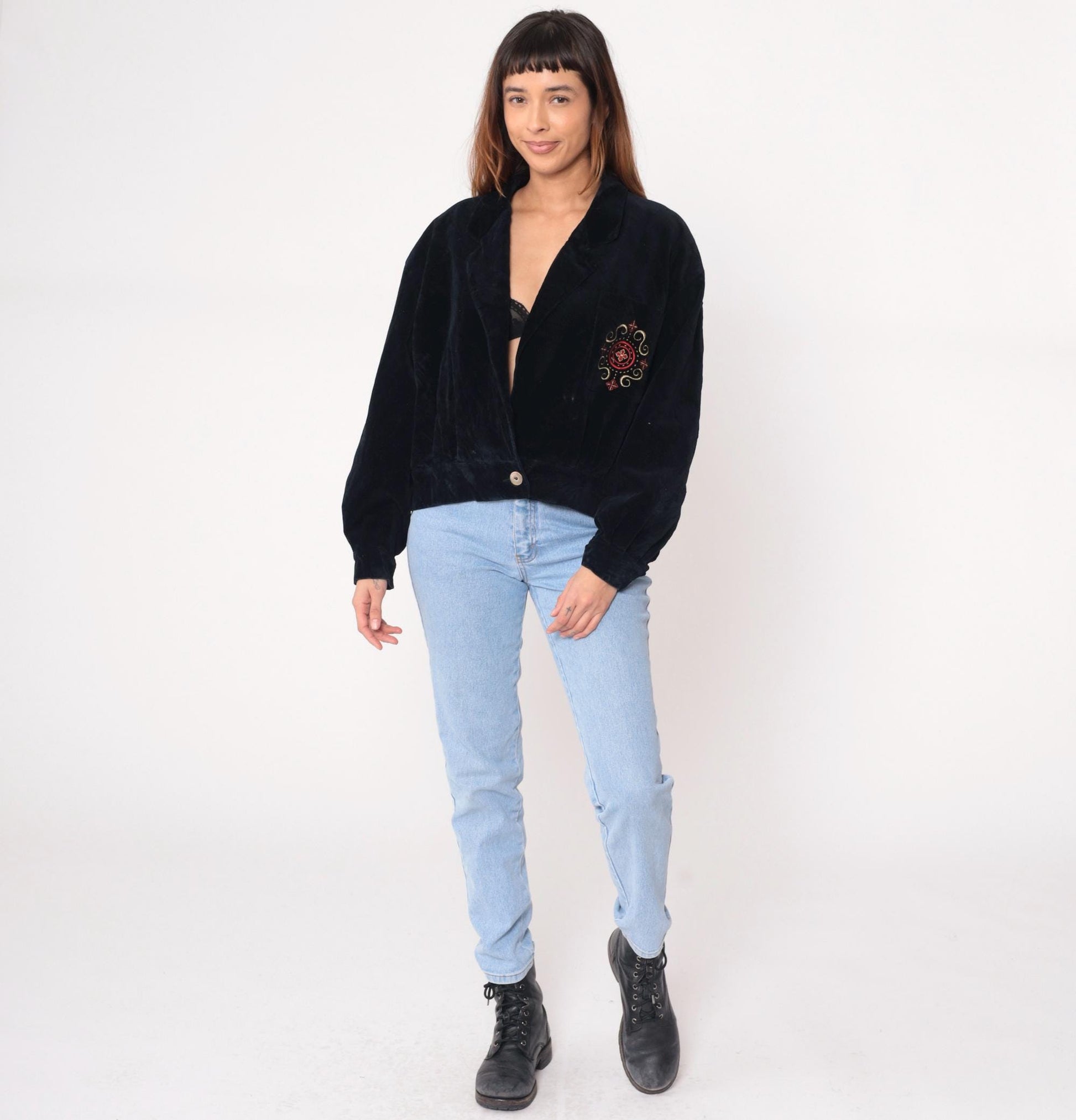90s Evan Picone Black Velvet Cardigan Embroidered Gold Red Pink Medium M