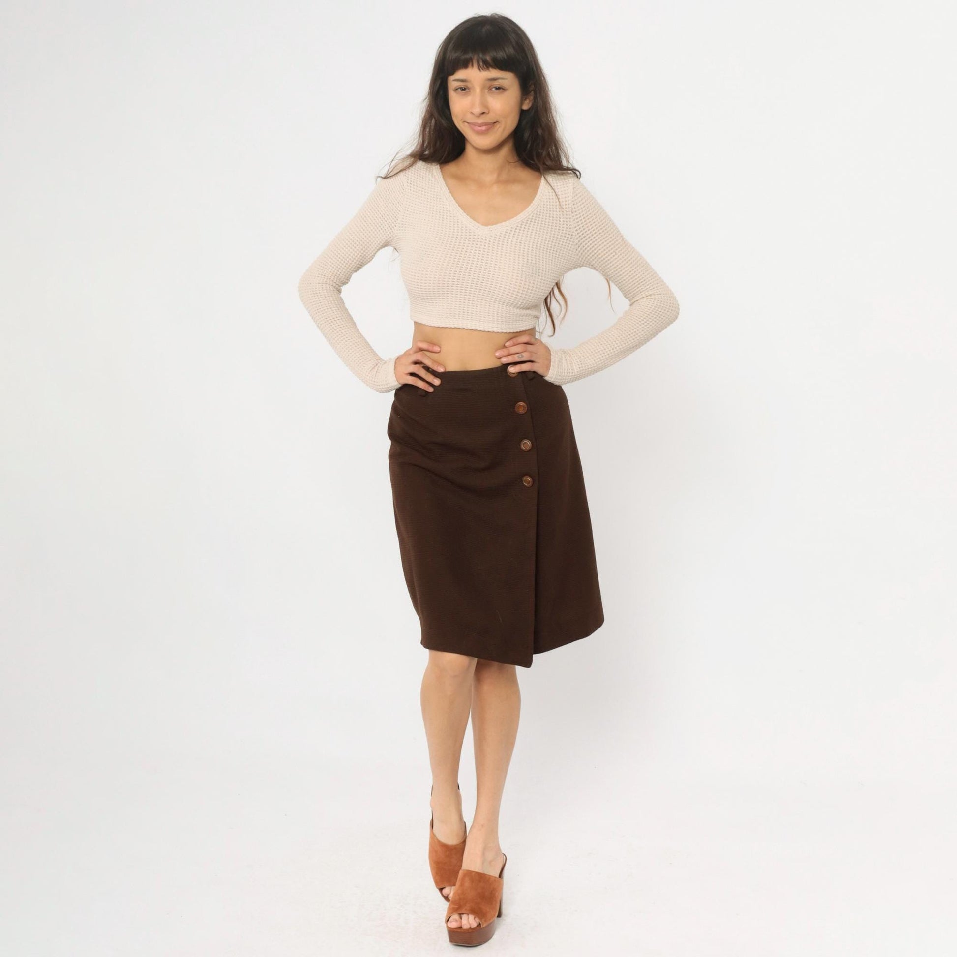 70s Brown Polyester A-Line Skirt Side Button Closure Small S