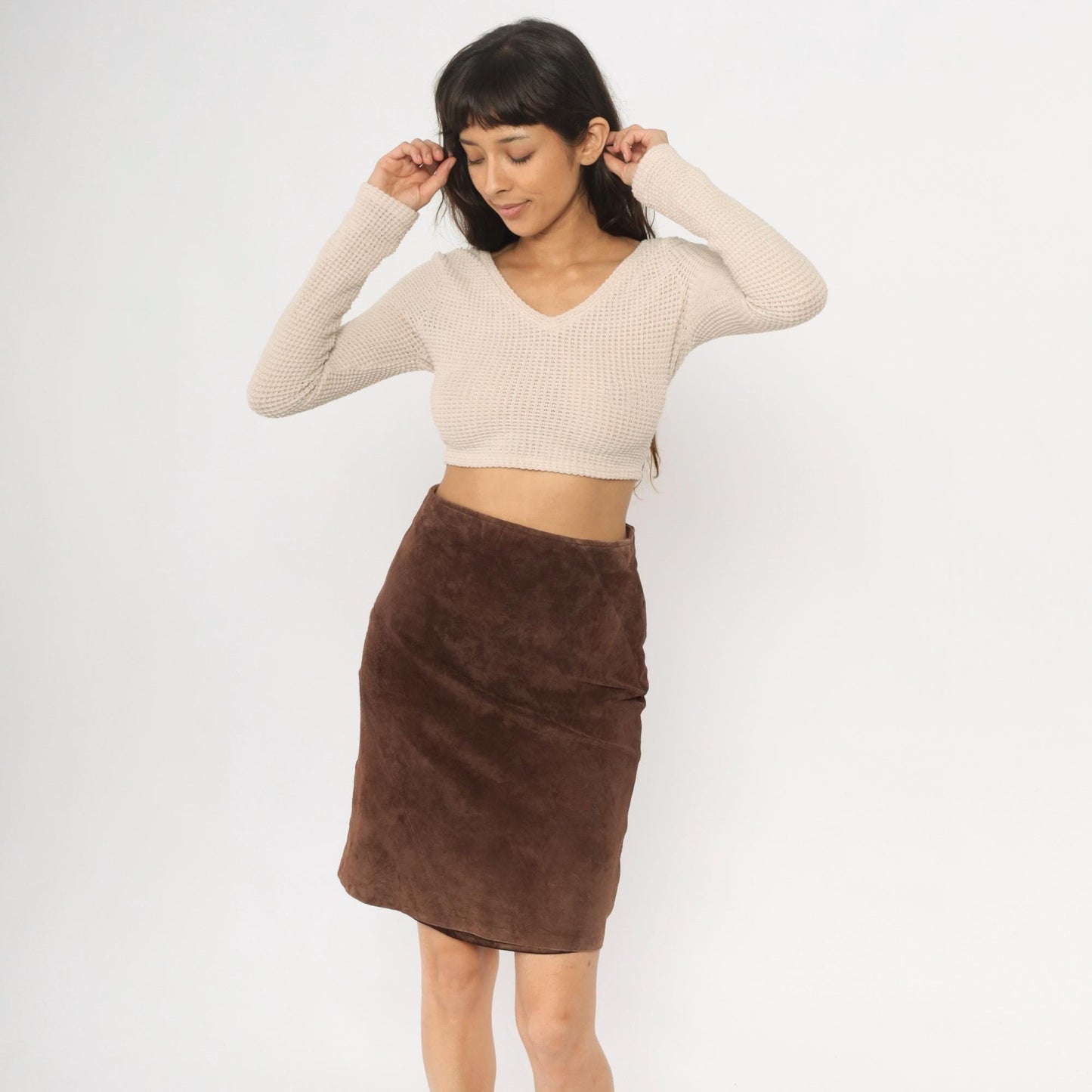 90s Brown Leather A-Line Skirt High Waisted Seam Detail Small