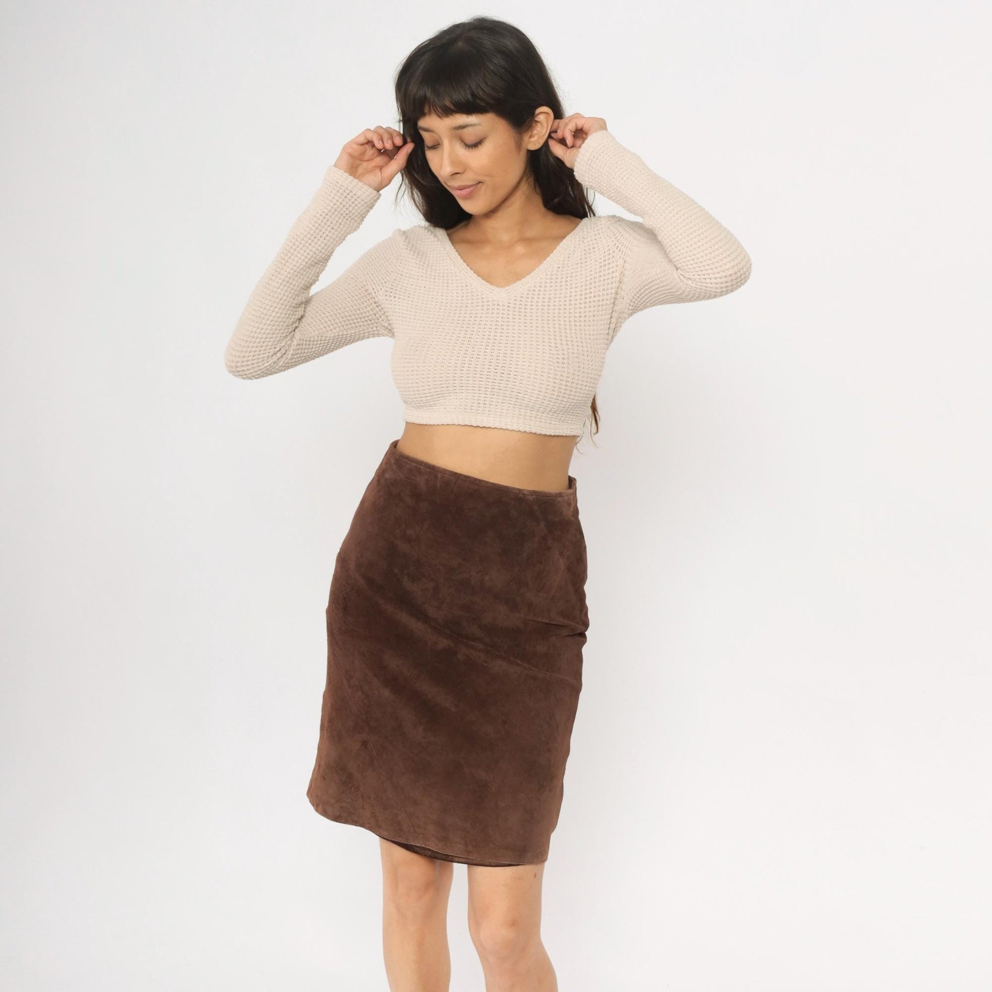 90s Brown Leather A-Line Skirt High Waisted Seam Detail Small