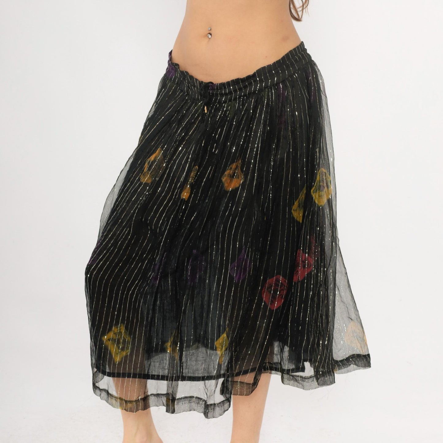 90s Black Floral Midi Skirt Metallic Pinstripe Sheer Overlay Medium