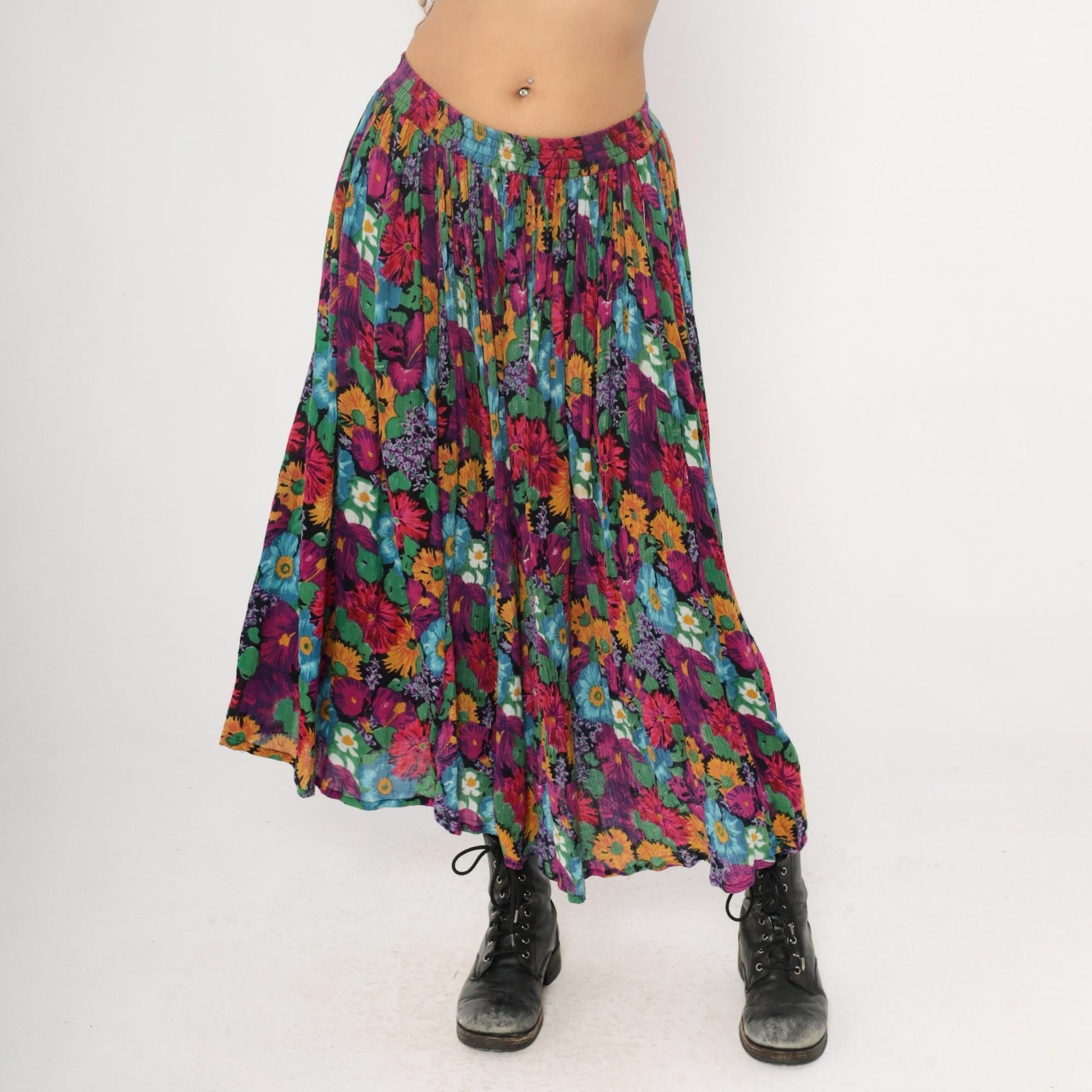 90s Jane Ashley Floral Maxi Skirt Purple Multicolor Gathered Large L