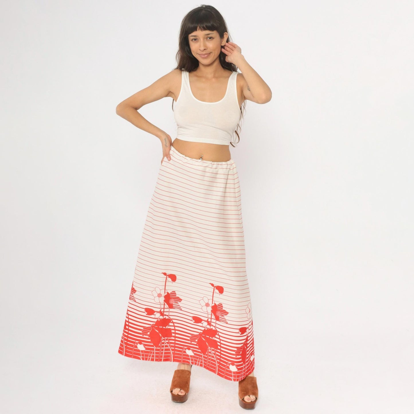 70s Floral Striped Maxi Skirt Red White Cream Elastic Waist A-Line Medium