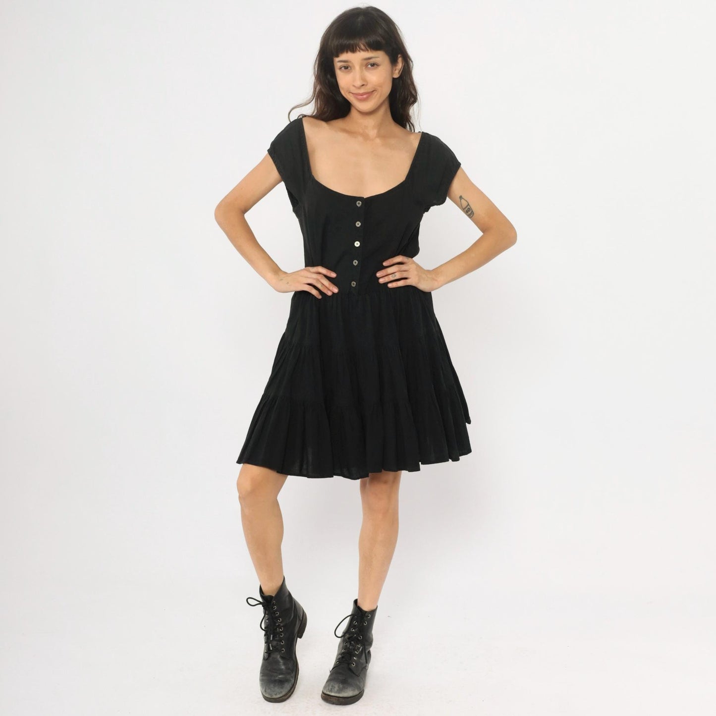 90s Black Cotton Prairie Mini Dress Tiered Skirt Cap Sleeve Medium