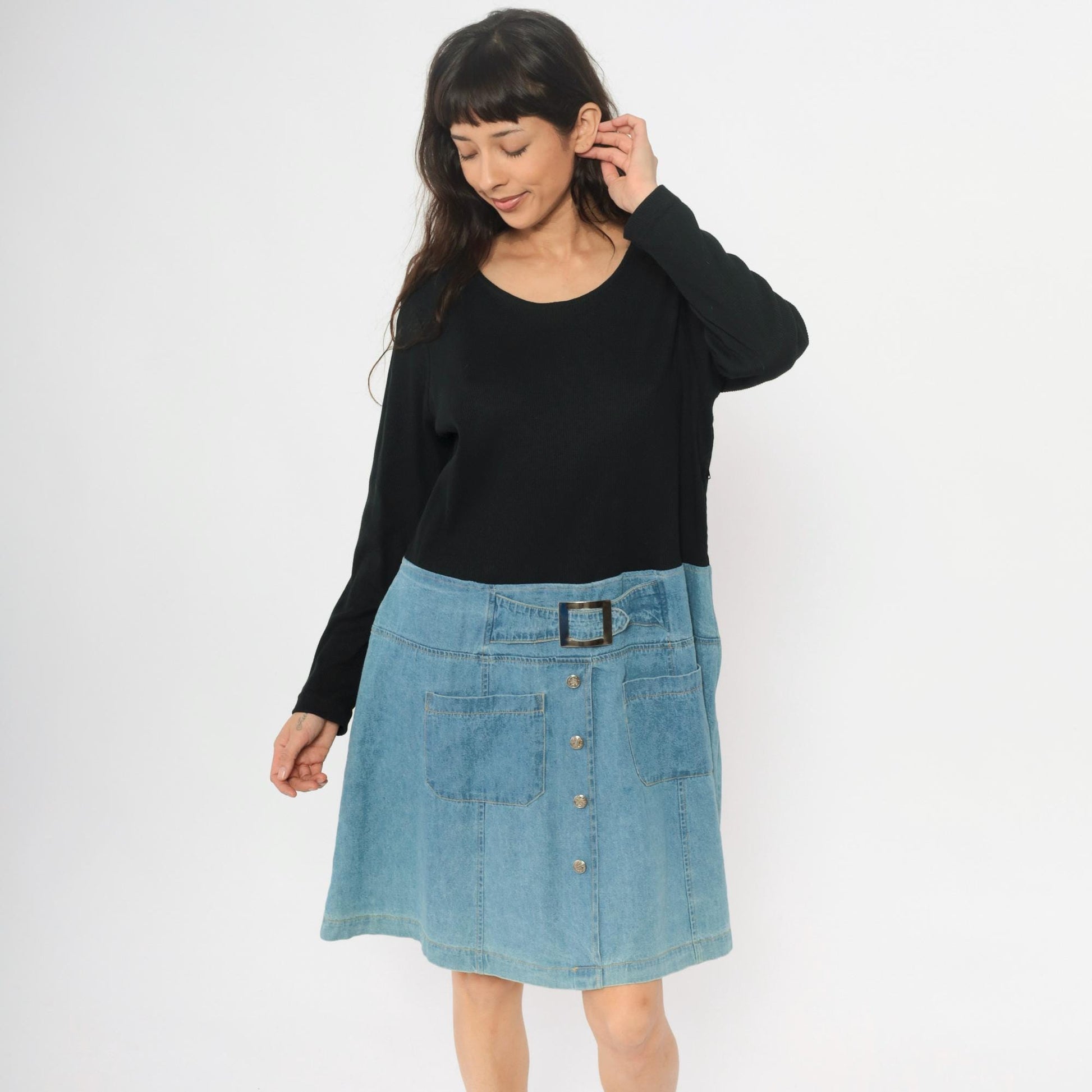 90s Diana Marco Denim Dress Black Chambray Two Tone Belted Extra Large XL