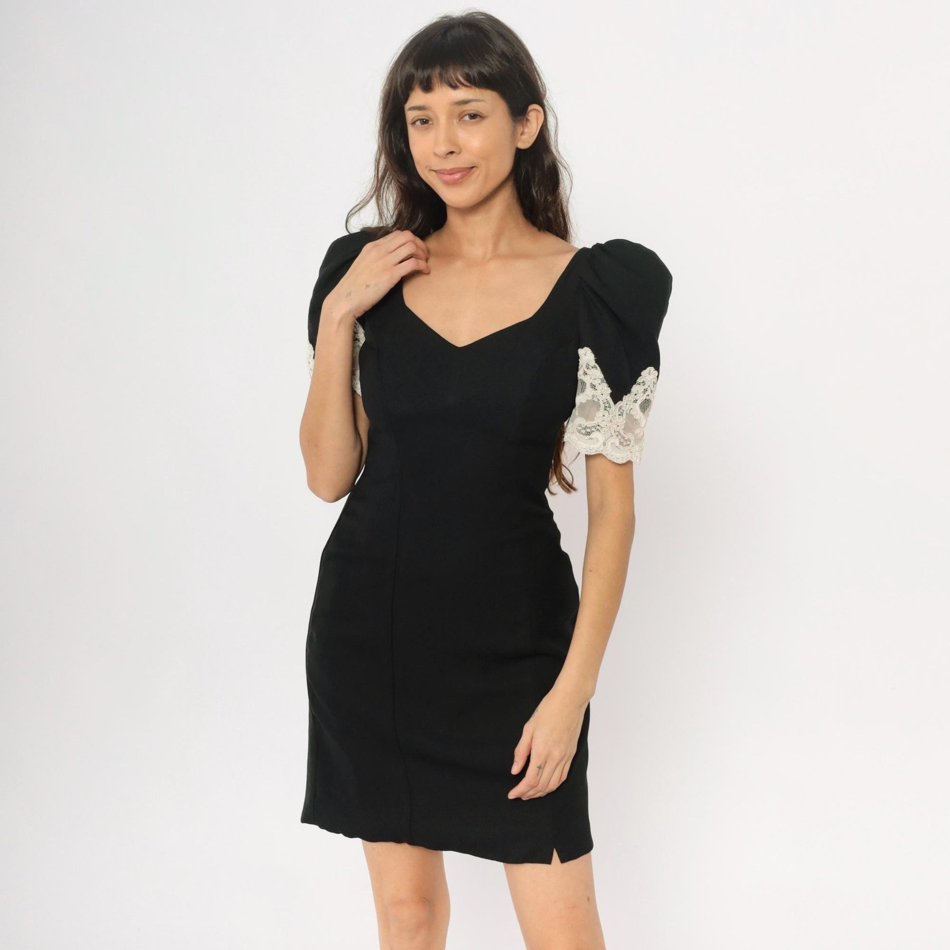 90s Alfred Angelo Black Mini Dress White Lace Puff Sleeves Small S