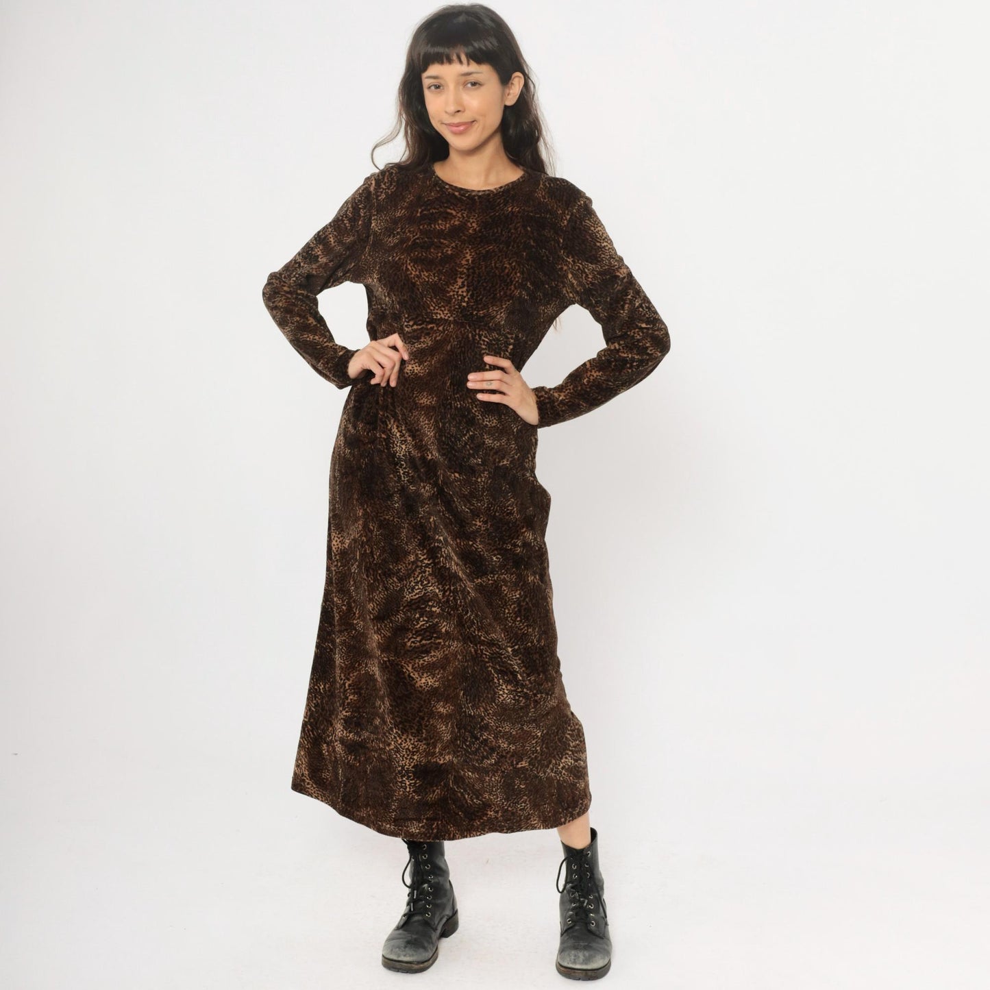 90s Jones New York Leopard Print Maxi Dress Long Sleeve Brown Medium M