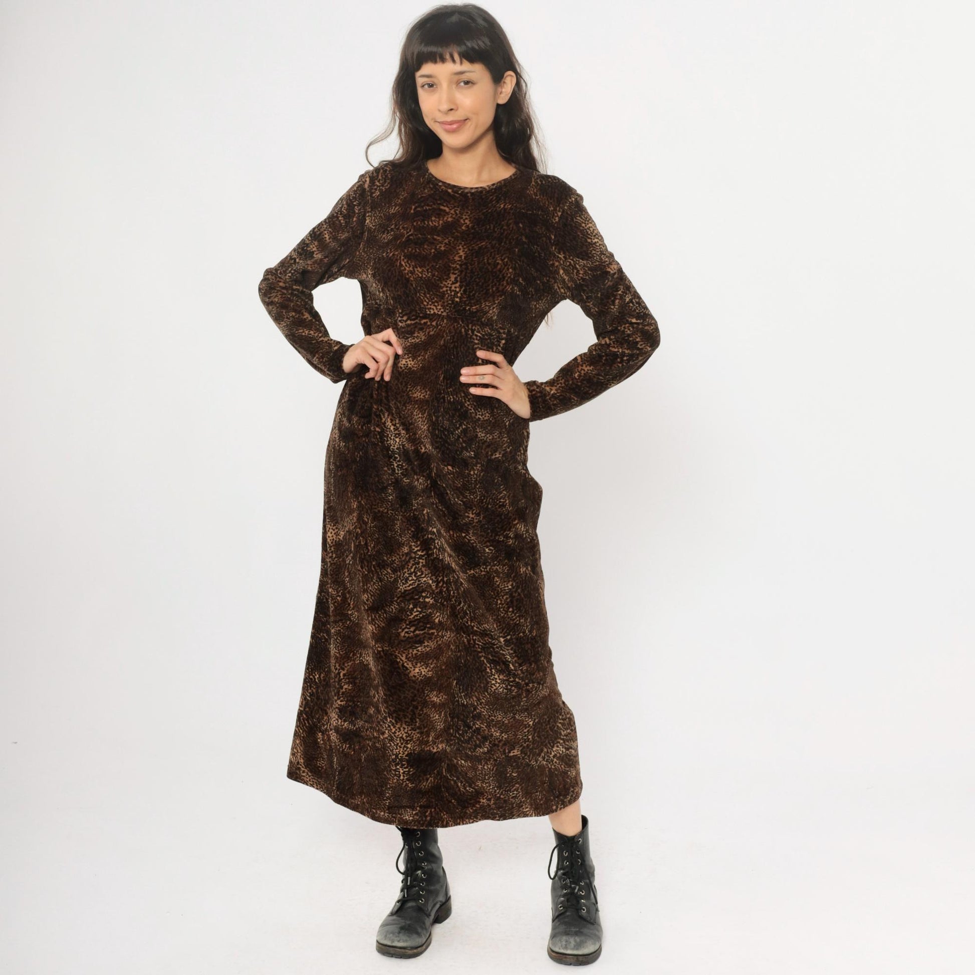 90s Jones New York Leopard Print Maxi Dress Long Sleeve Brown Medium M