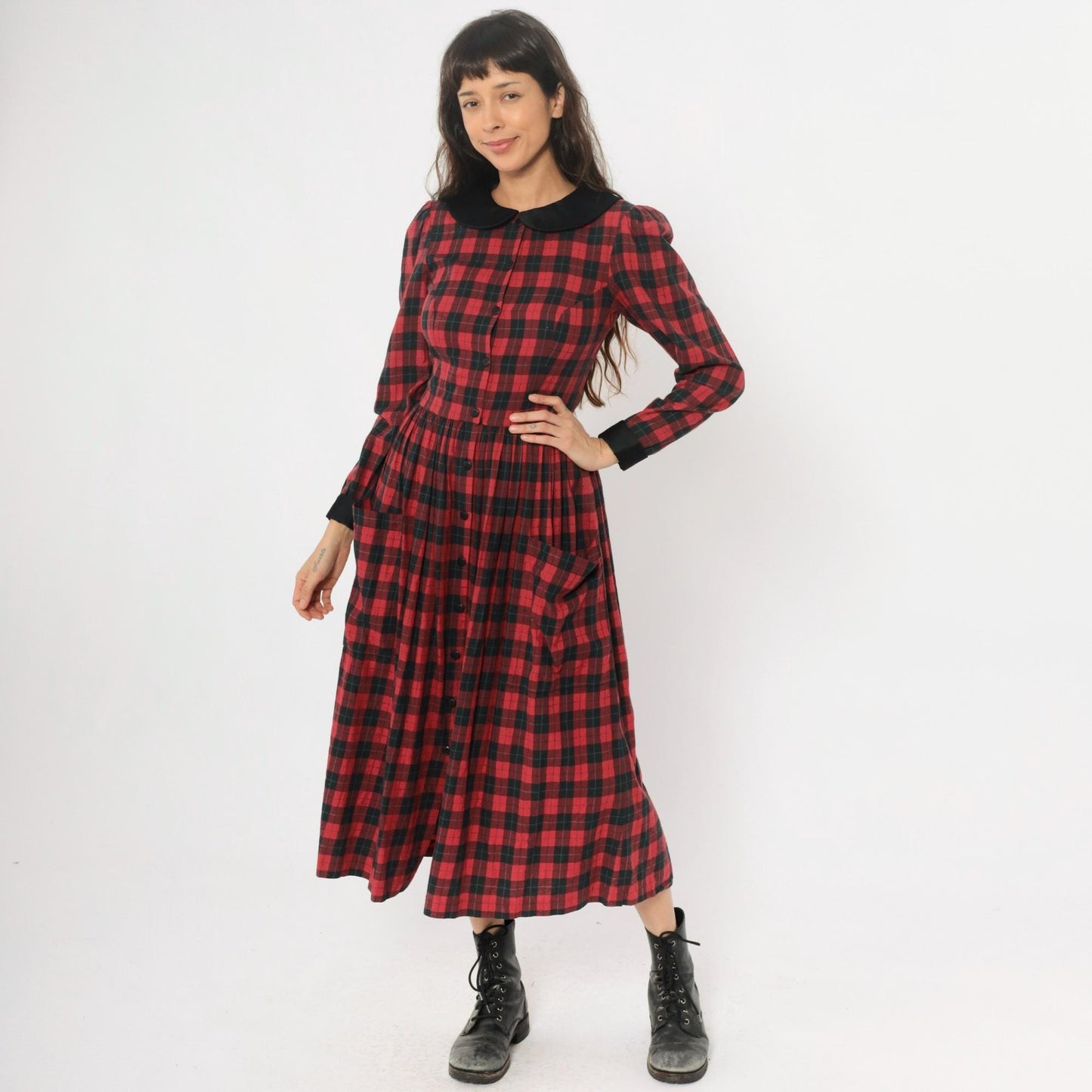 90s St Simon Red Black Plaid Midi Dress Peter Pan Collar Small S
