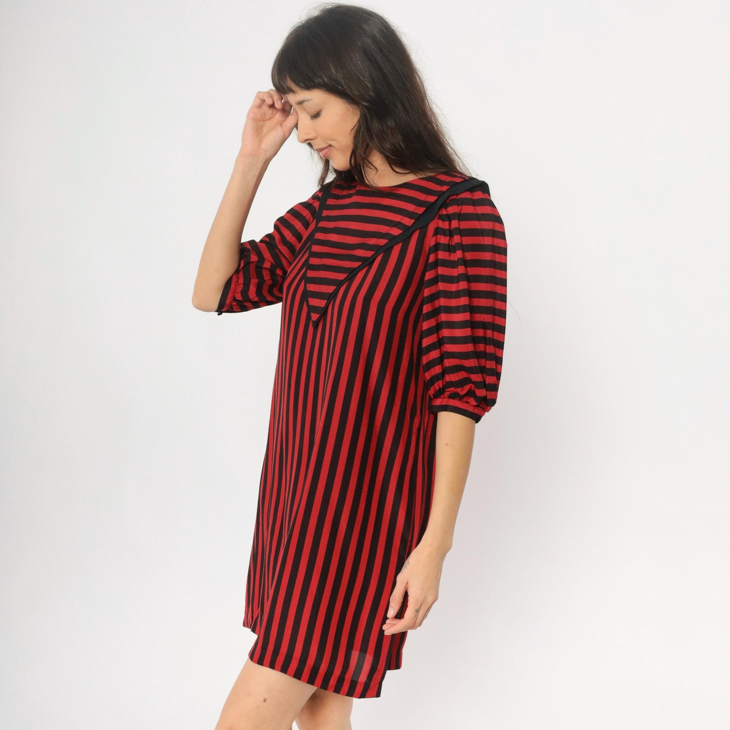 90s Liz Claiborne Striped Shift Dress Red Black Puff Sleeves Medium M