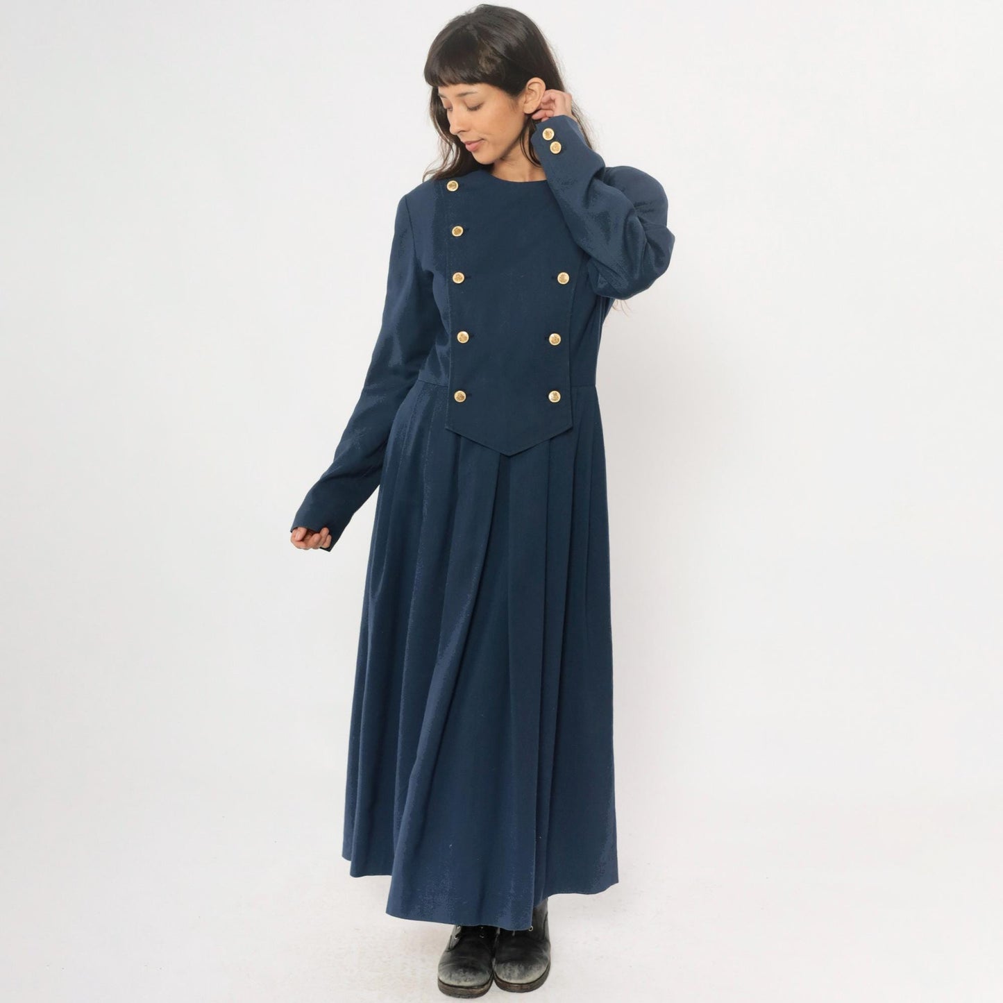 80s Navy Military Double-Breasted Maxi Dress Gold Buttons Large L