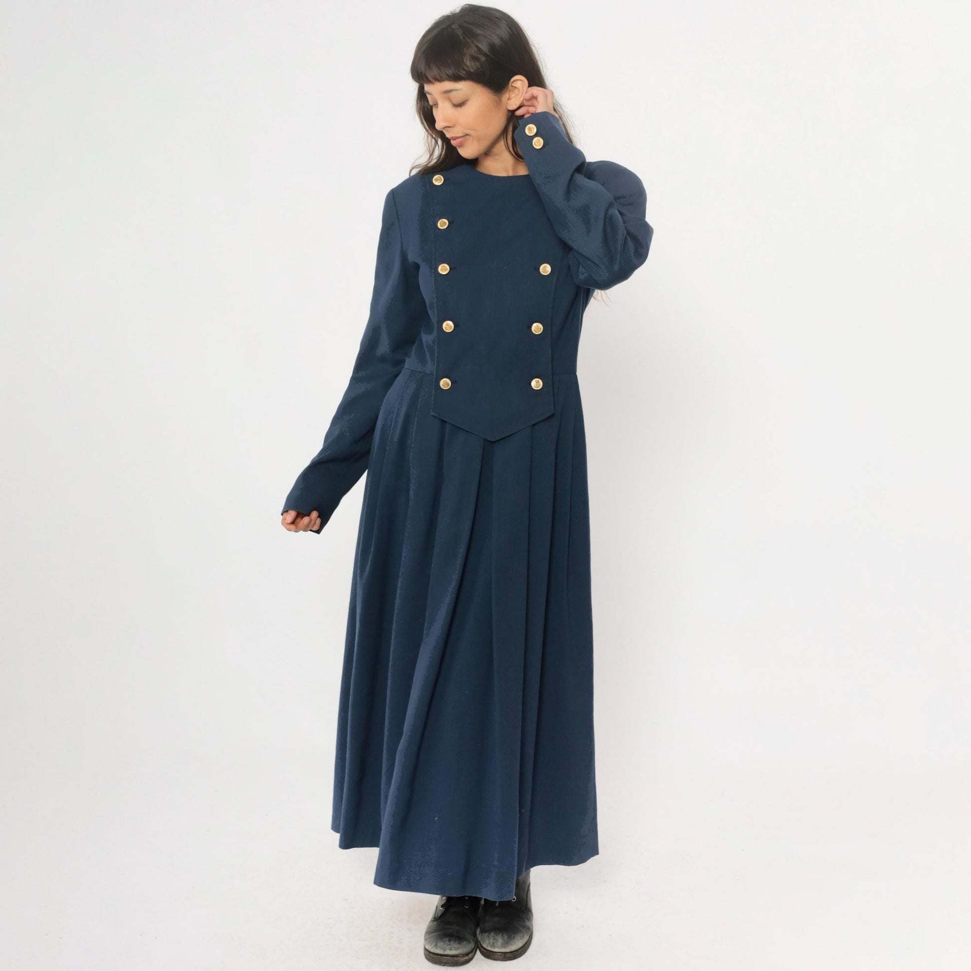 80s Navy Military Double-Breasted Maxi Dress Gold Buttons Large L