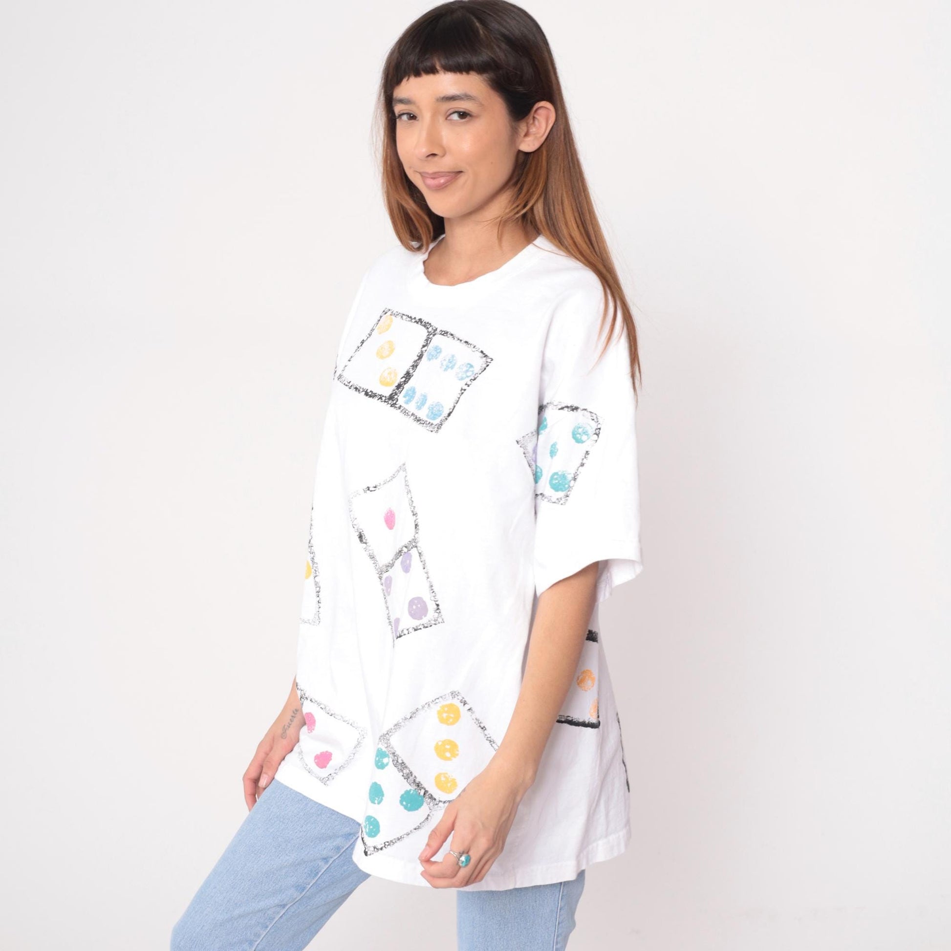90s Dice Print Cotton T-Shirt White Graphic Tee Colorful Dots Large L