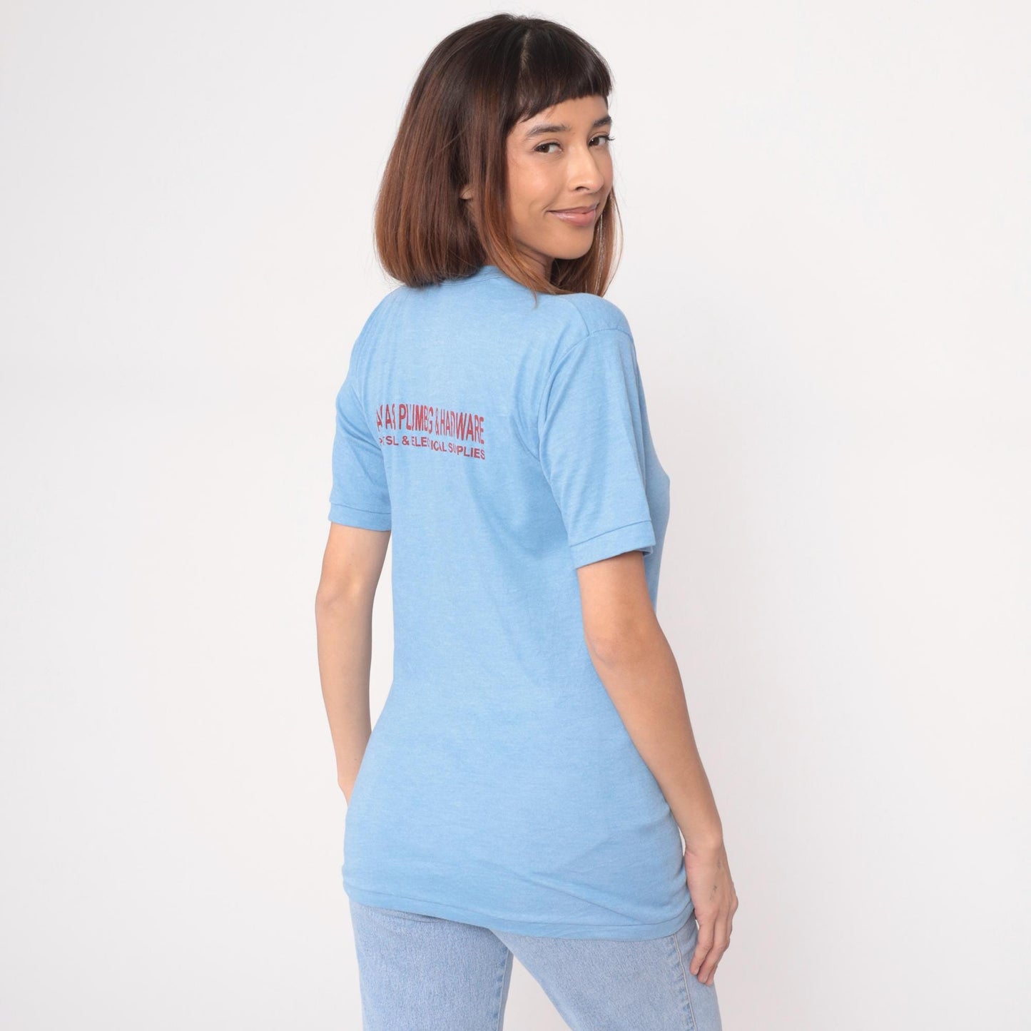 90s Paco Asia Plumbing Hardware Logo Tee Light Blue Graphic Small S