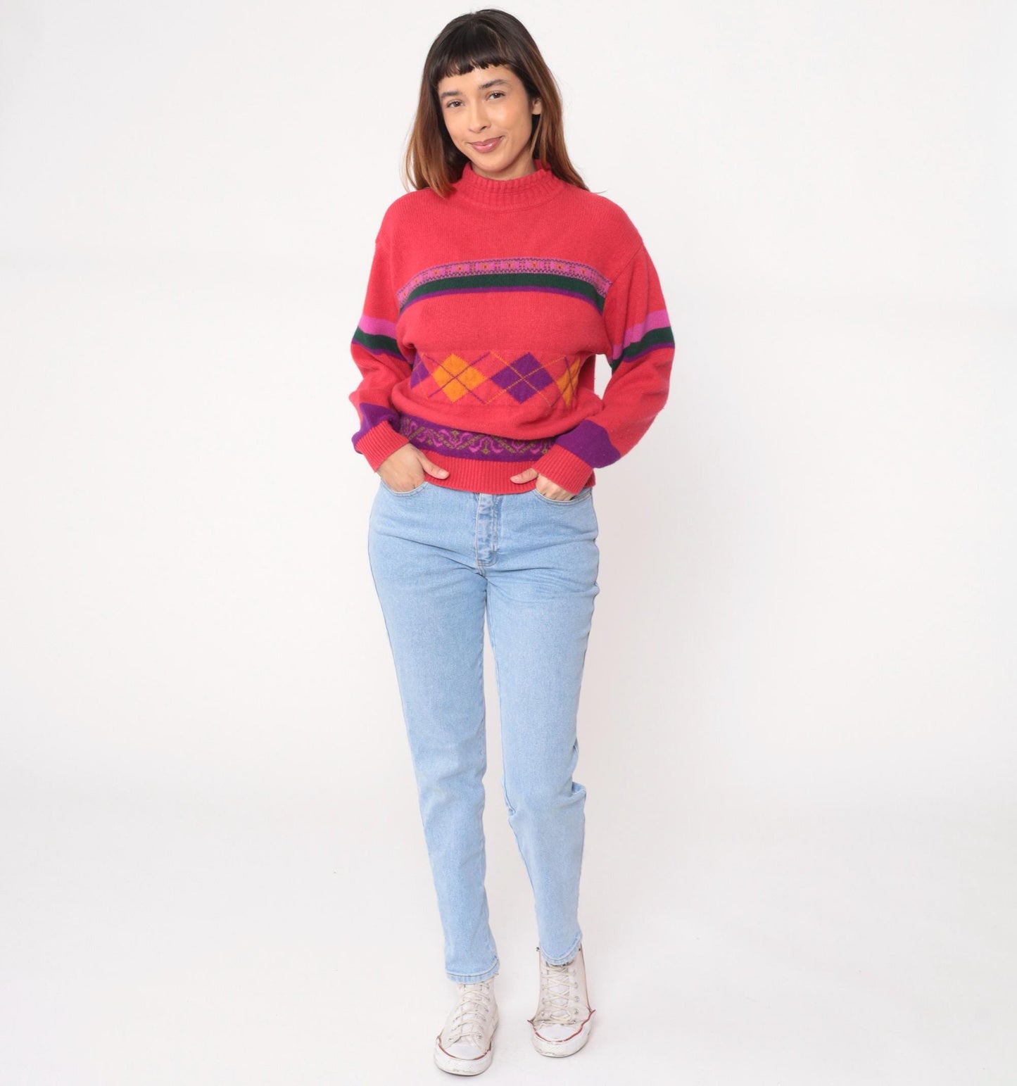 80s United Colors of Benetton Argyle Mock Neck Sweater Coral Pink Small S