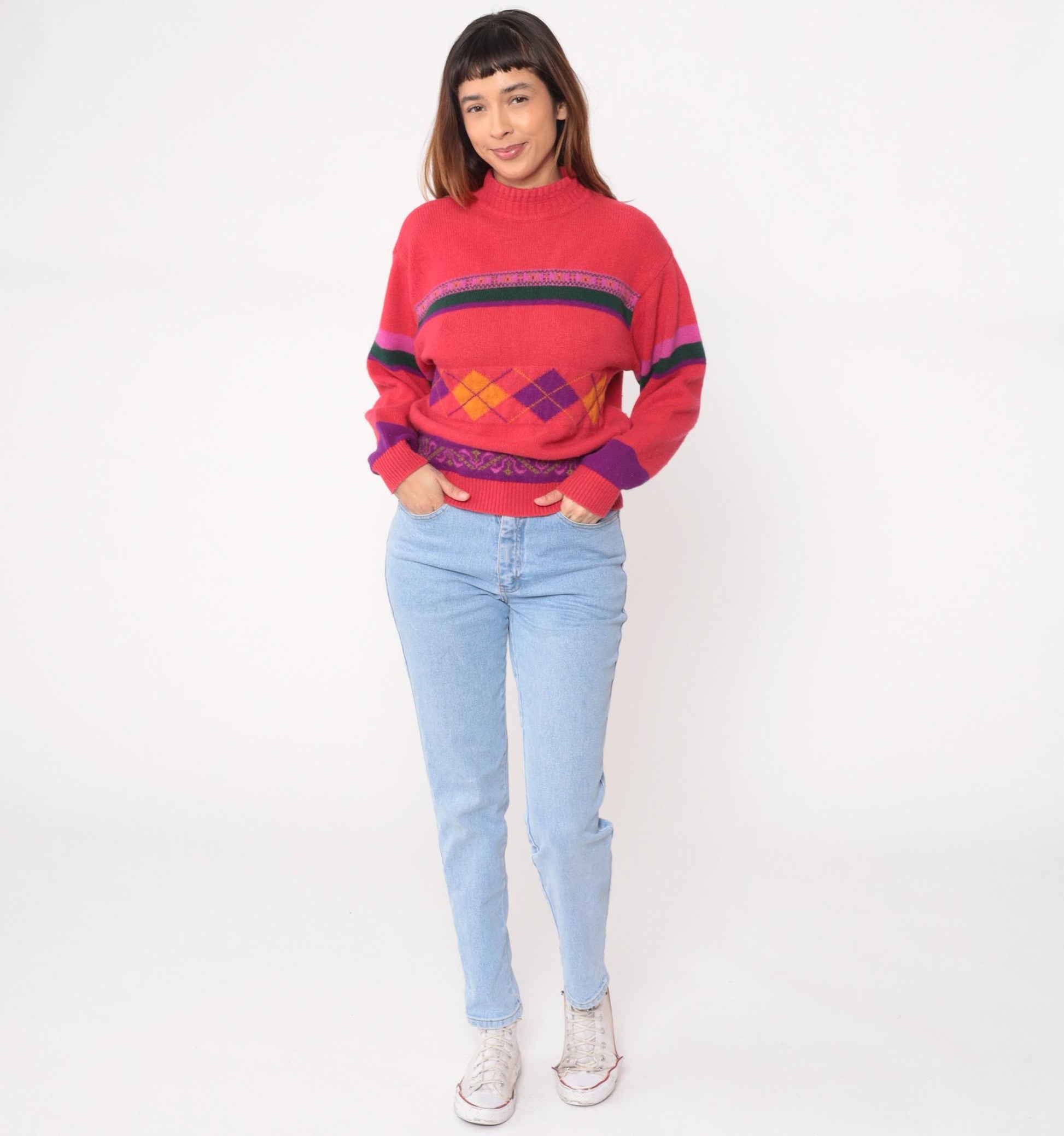 80s United Colors of Benetton Argyle Mock Neck Sweater Coral Pink Small S