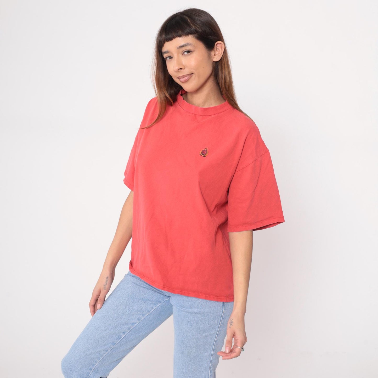 90s Bugle Boy Salmon Cotton T-Shirt Embroidered Crest Logo Large L