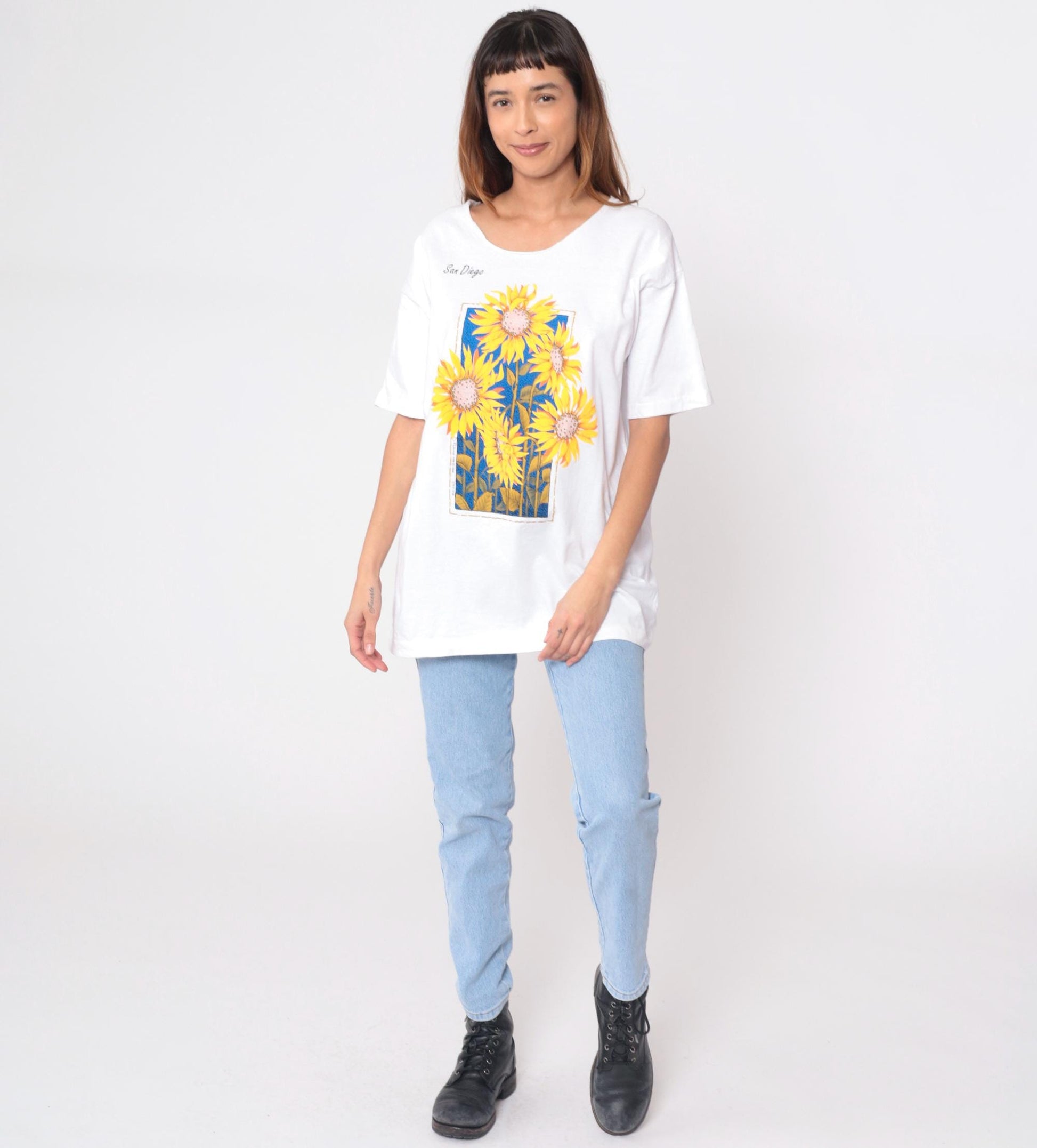90s San Diego Sunflower Graphic Tee White Cotton T Shirt Large L