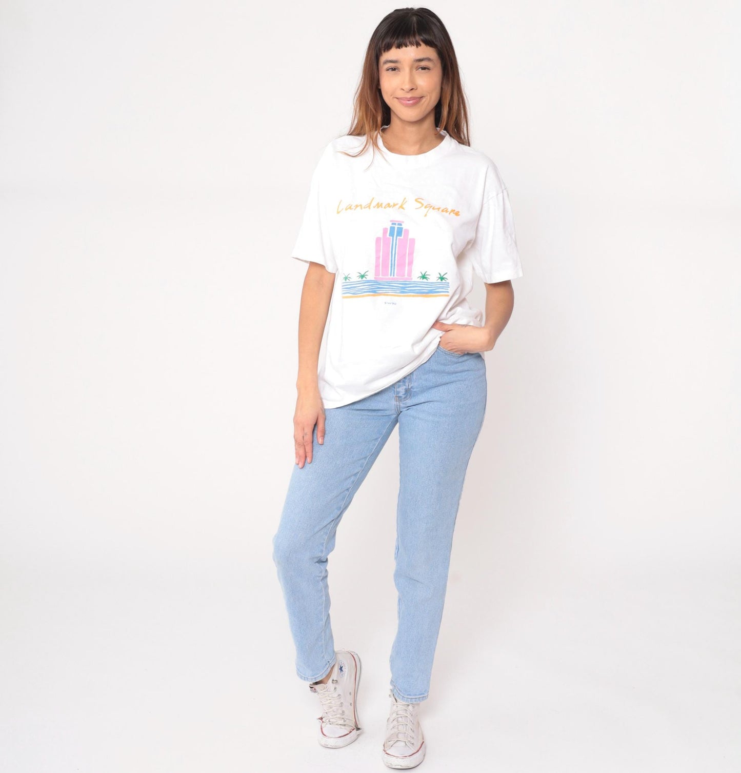 90s Landmark Square Long Beach Graphic Tee White Cotton XL