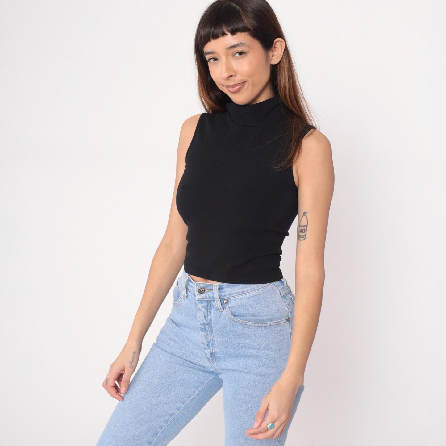 90s Black Sleeveless Mock Turtleneck Crop Top Cotton Knit Small