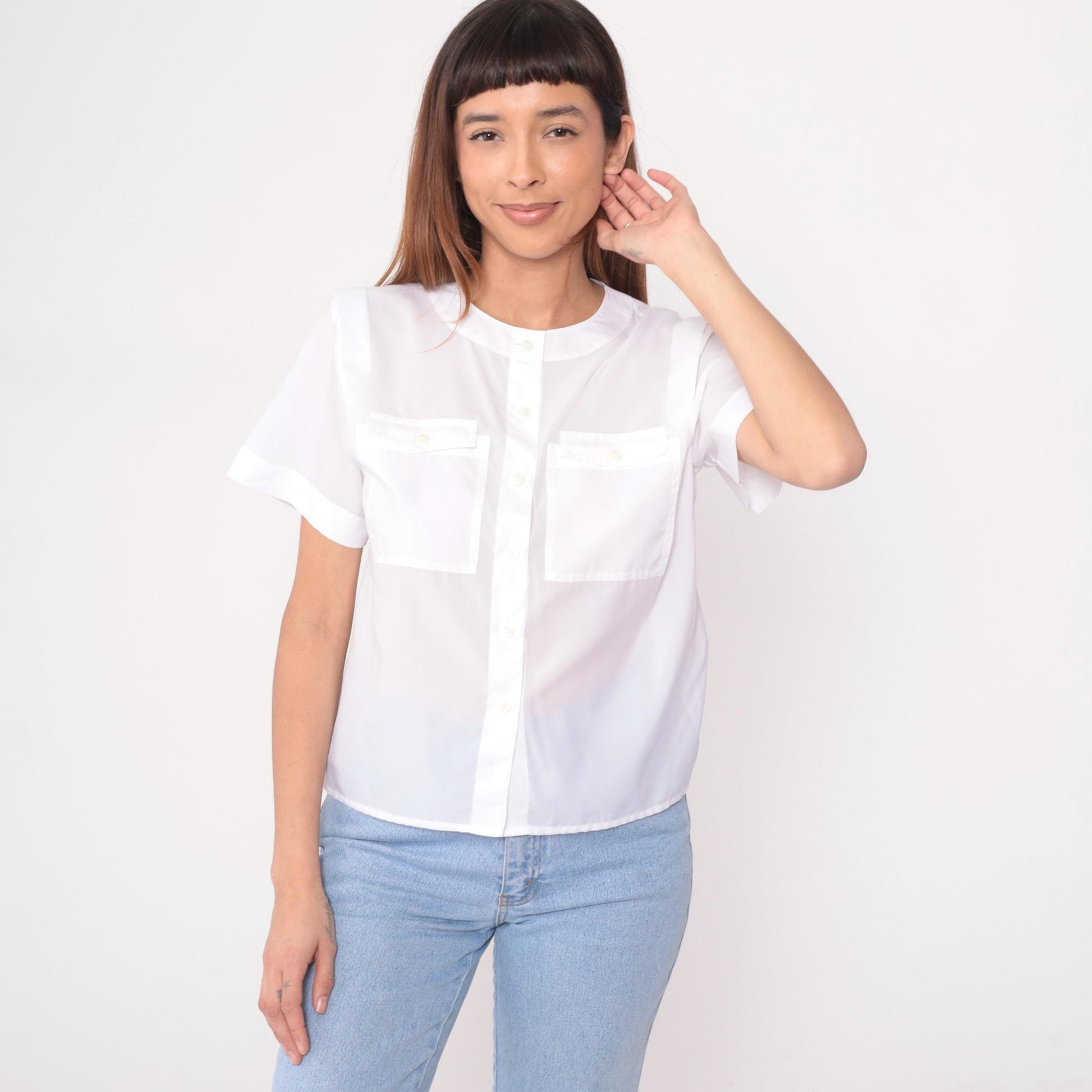 80s White Peter Pan Collar Button-Up Shirt Short Sleeve Medium