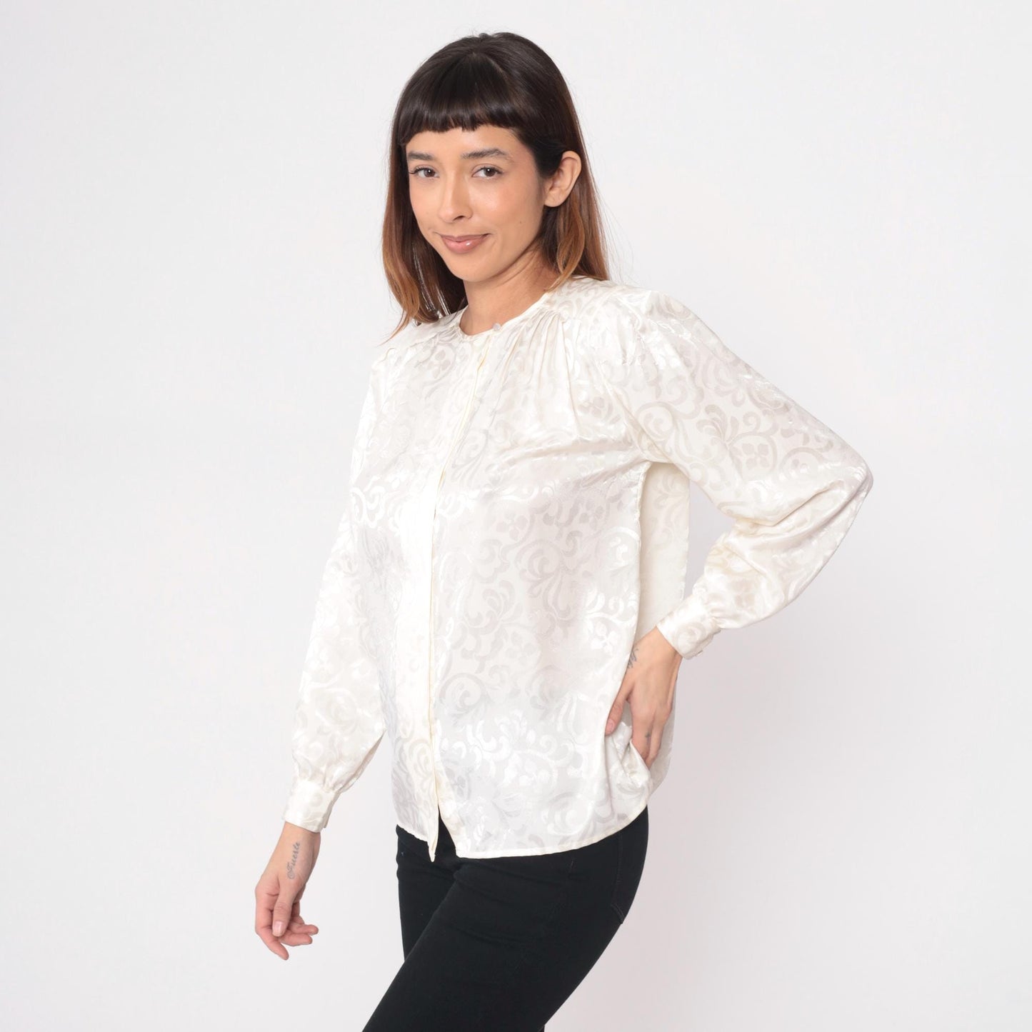80s Claude Bennet Cream Jacquard Blouse Gathered Shoulders Small