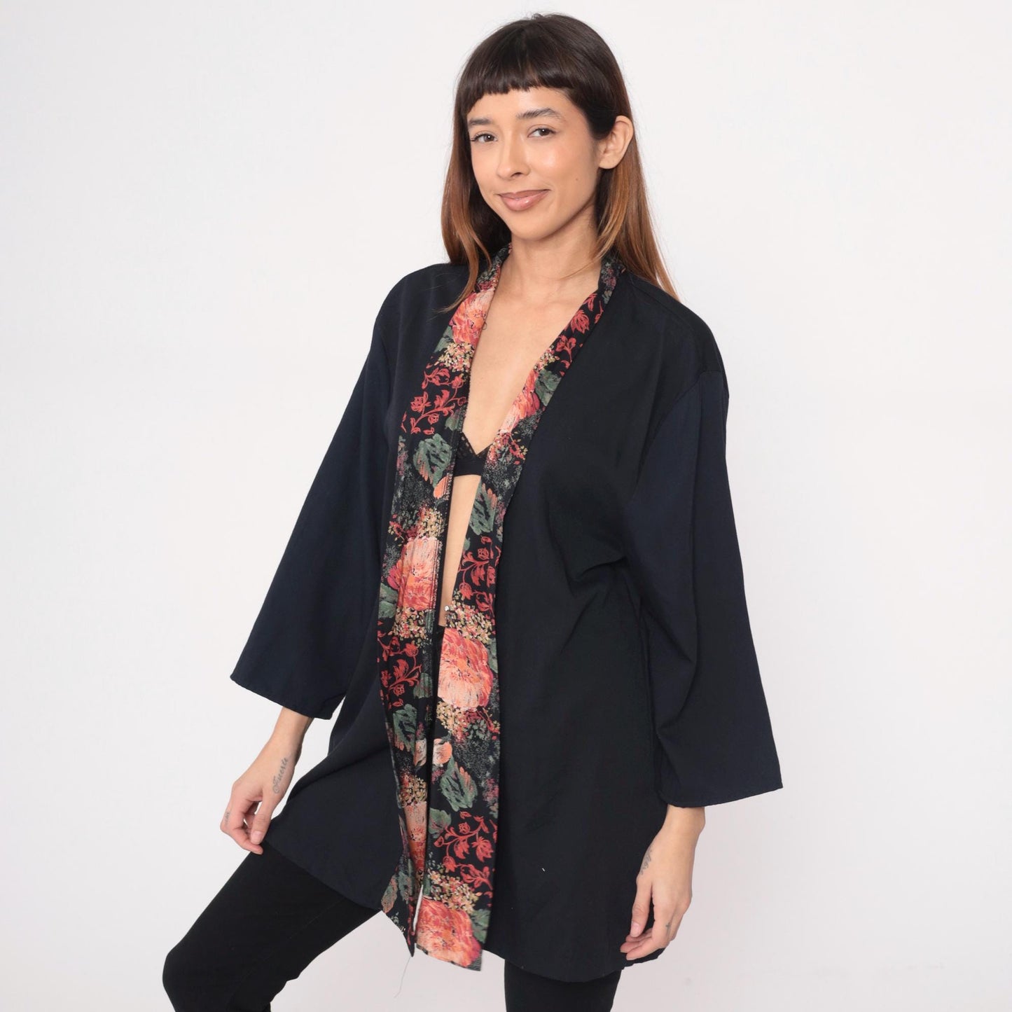 90s Black Kimono Cardigan Floral Rose Garden Trim Open Front Rayon Large