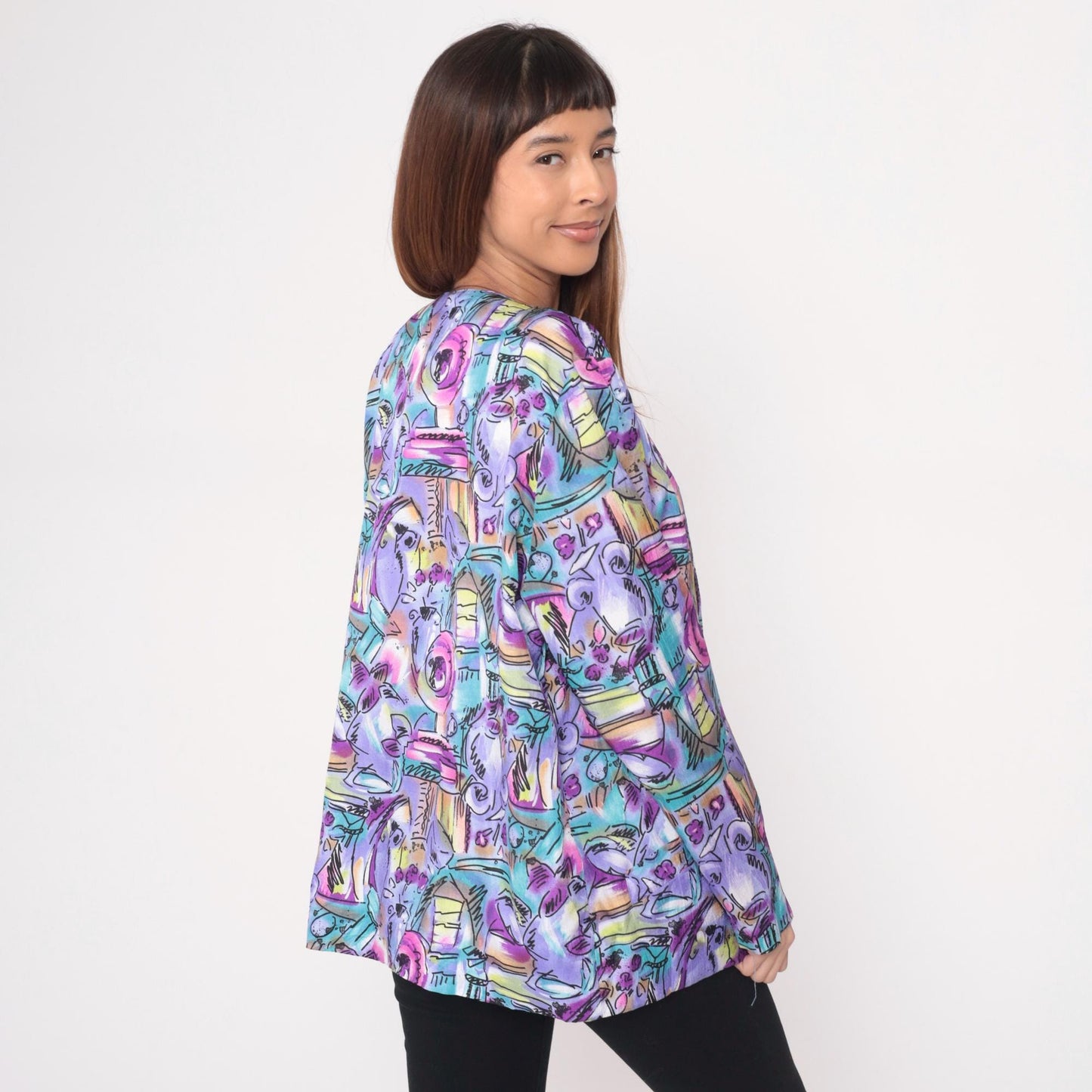 90s Joan Walters Purple Geometric Blazer Open Front Abstract Print Medium