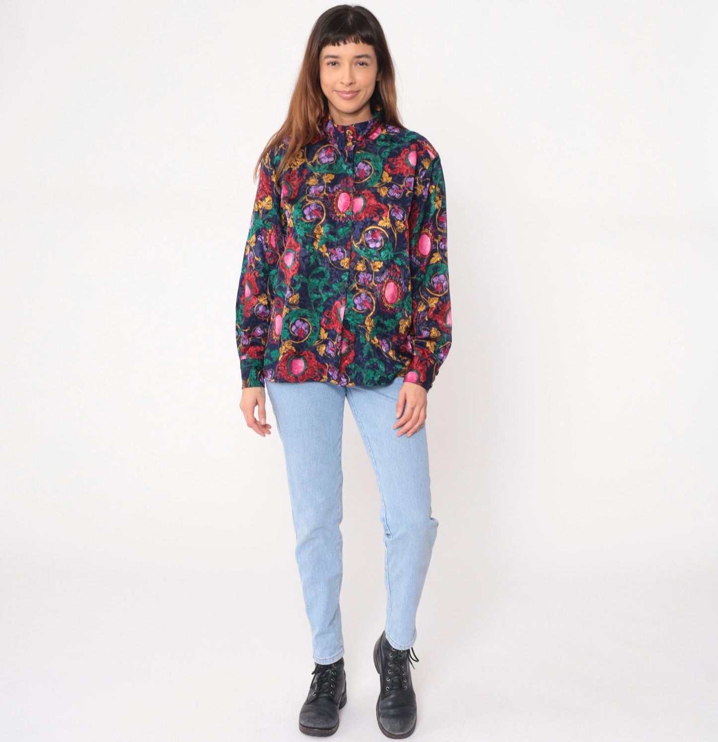90s Tess Baroque Print Blouse Navy Gold Medallion Long Sleeve Large L