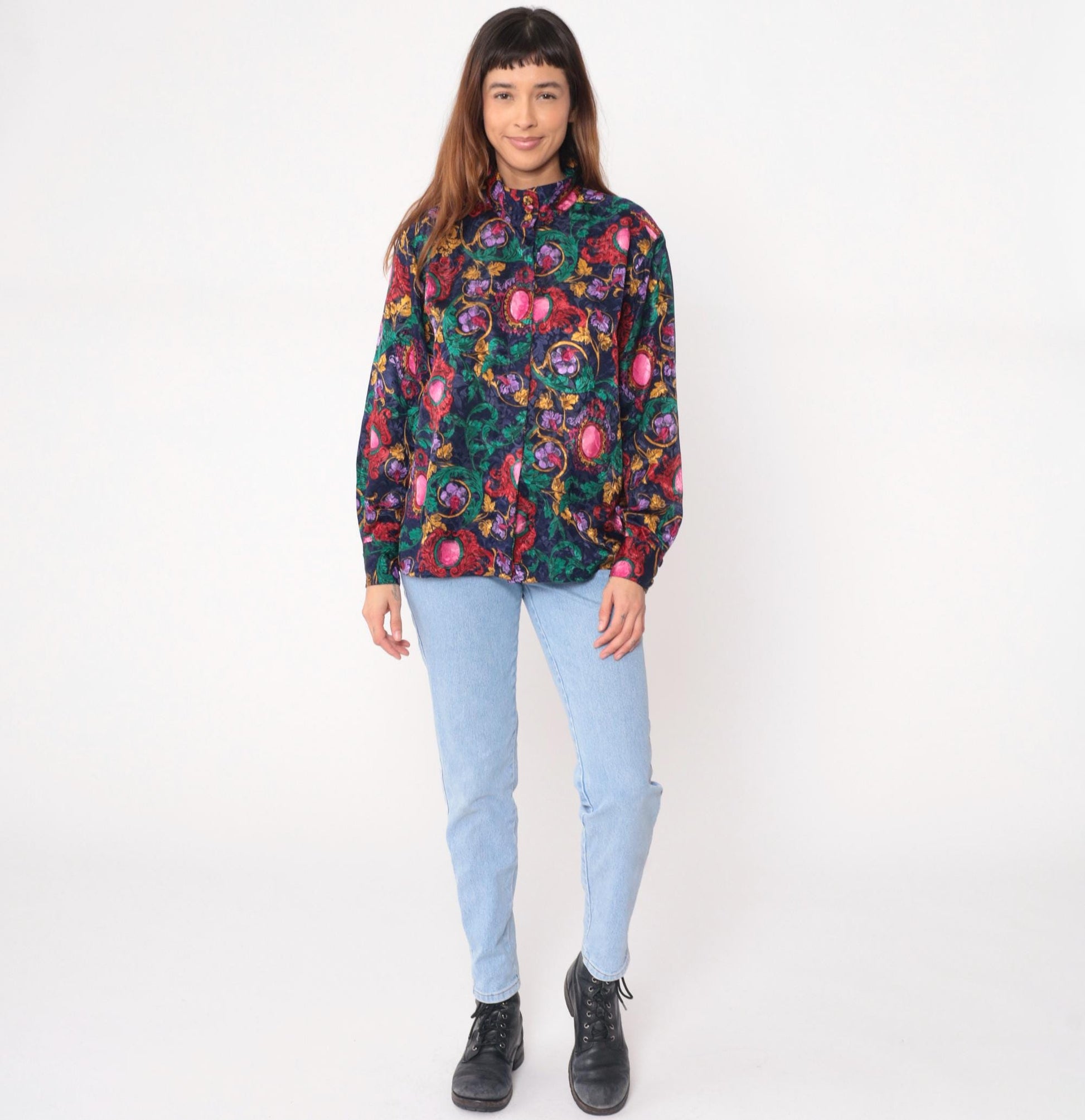 90s Tess Baroque Print Blouse Navy Gold Medallion Long Sleeve Large L