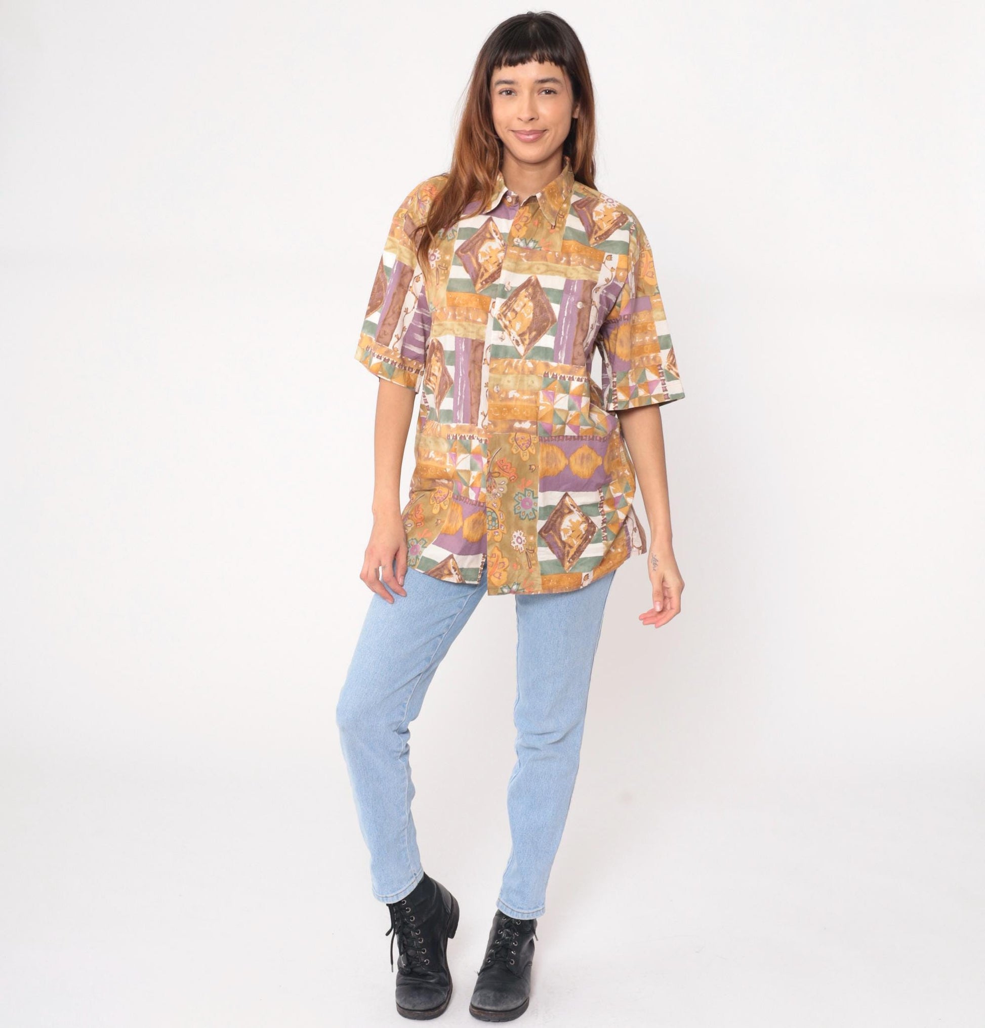 90s Burma Bibas Patchwork Cotton Shirt Geometric Floral Multicolor Medium