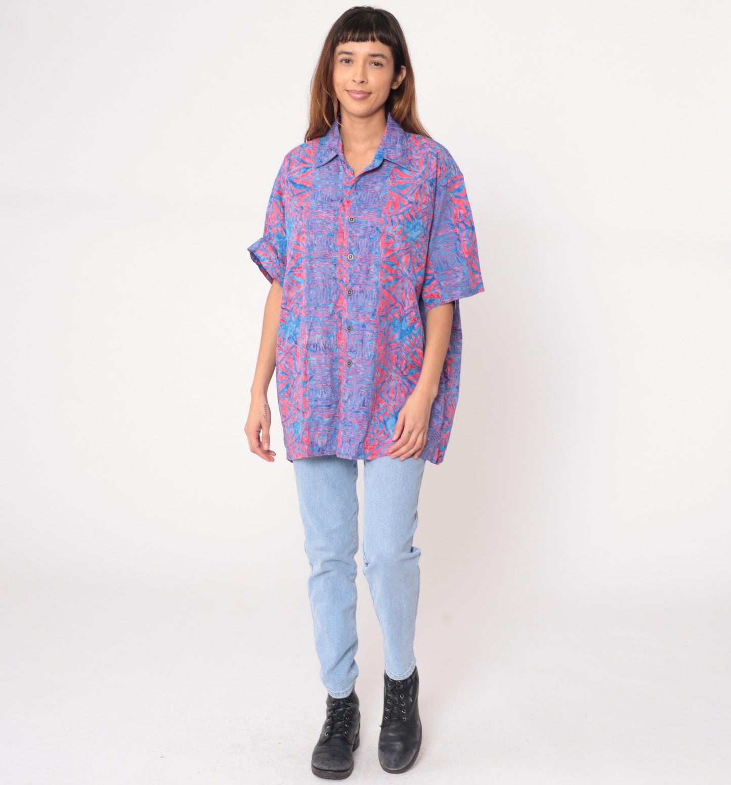 Y2K Johari West Abstract Batik Shirt Cotton Blue Pink Geometric Large L