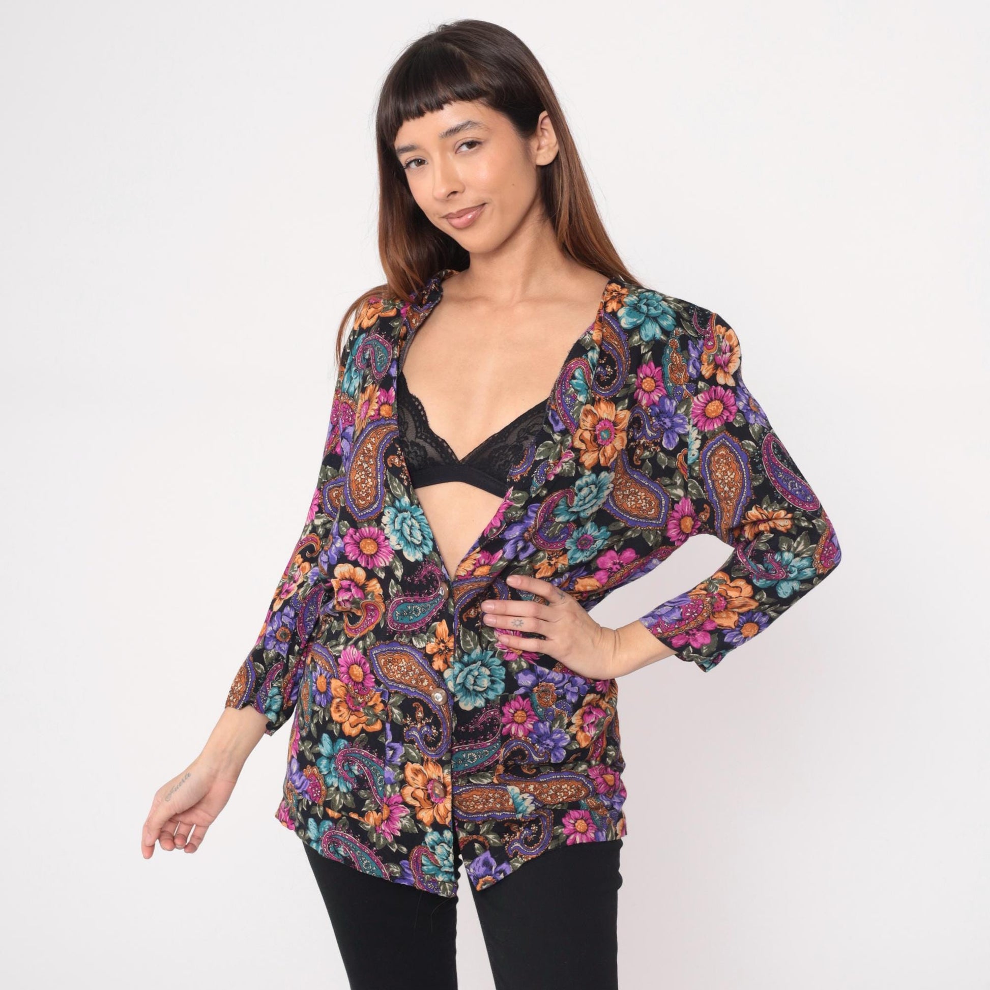 90s Rampage Paisley Floral Tunic Blouse Deep V Neck Rayon Black Purple Medium