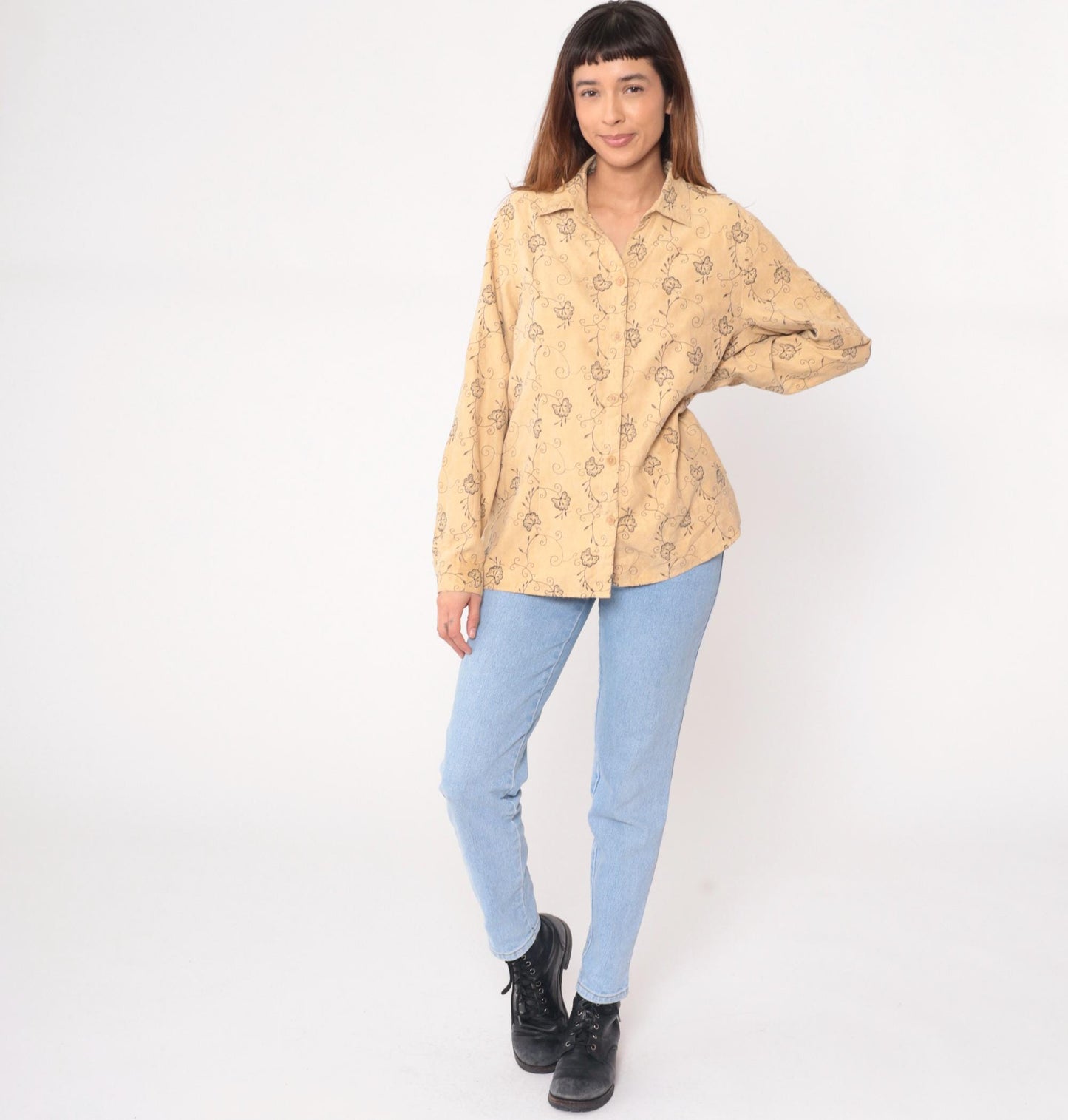 90s Sag Harbor Floral Embroidered Blouse Cream Long Sleeve Collared Large L
