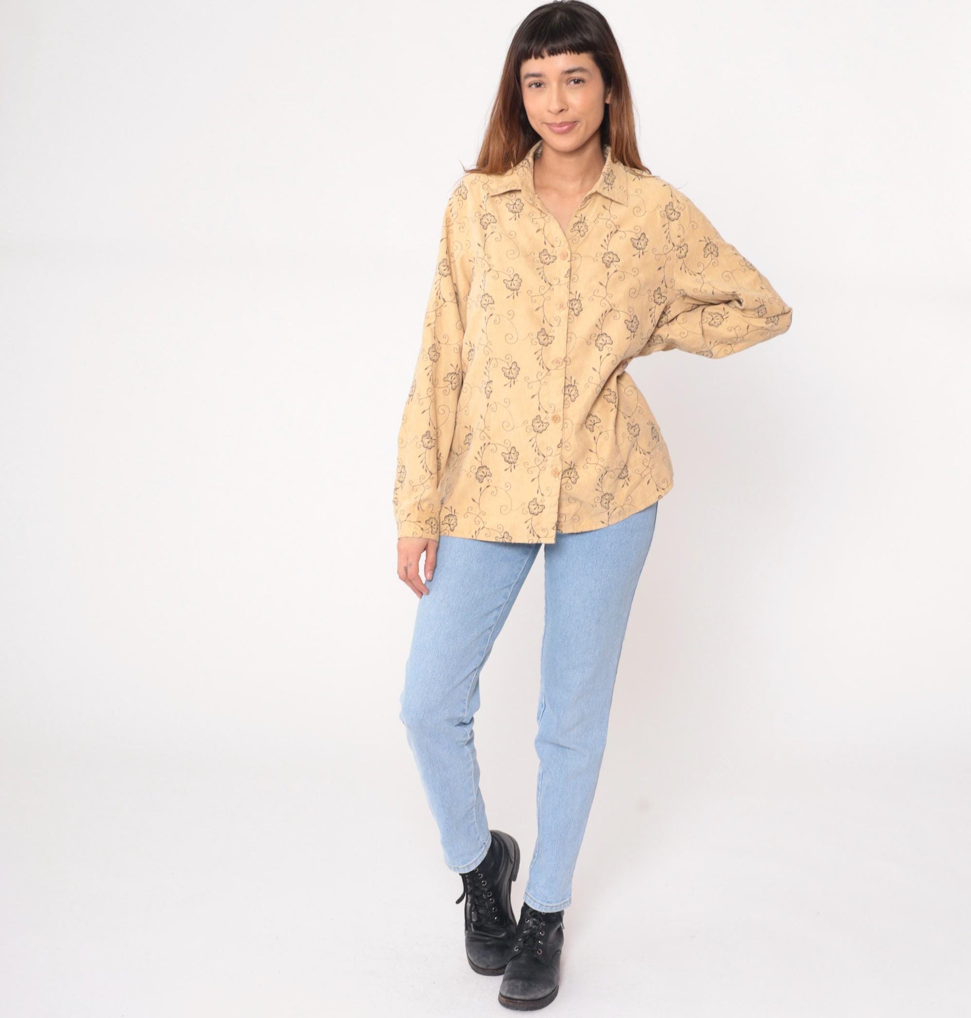 90s Sag Harbor Floral Embroidered Blouse Cream Long Sleeve Collared Large L