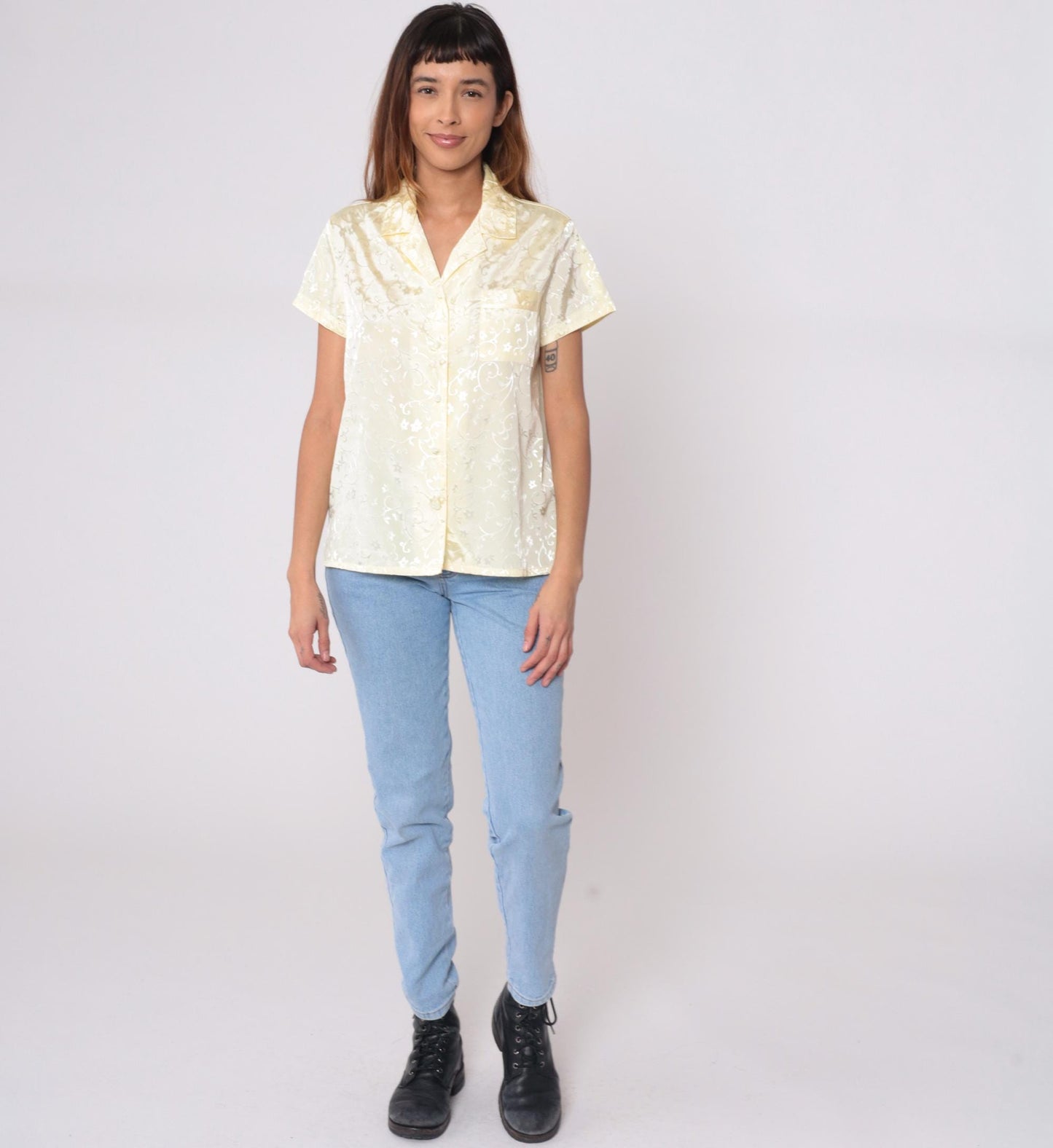 90s Cinema Etoile Cream Floral Button Blouse Short Sleeve Medium M