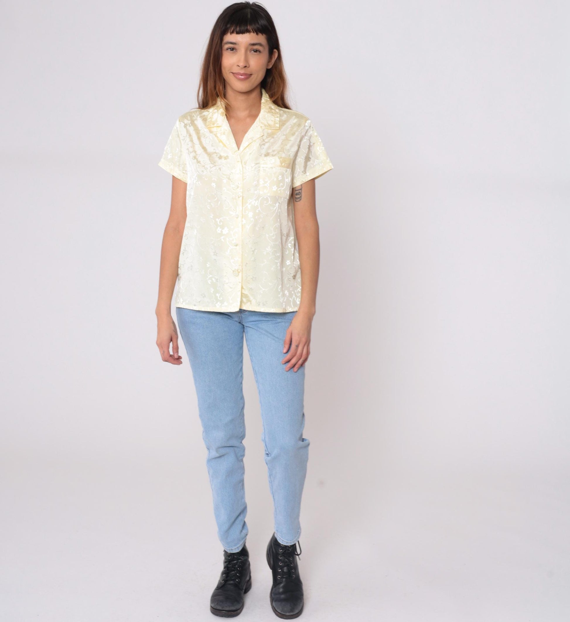 90s Cinema Etoile Cream Floral Button Blouse Short Sleeve Medium M
