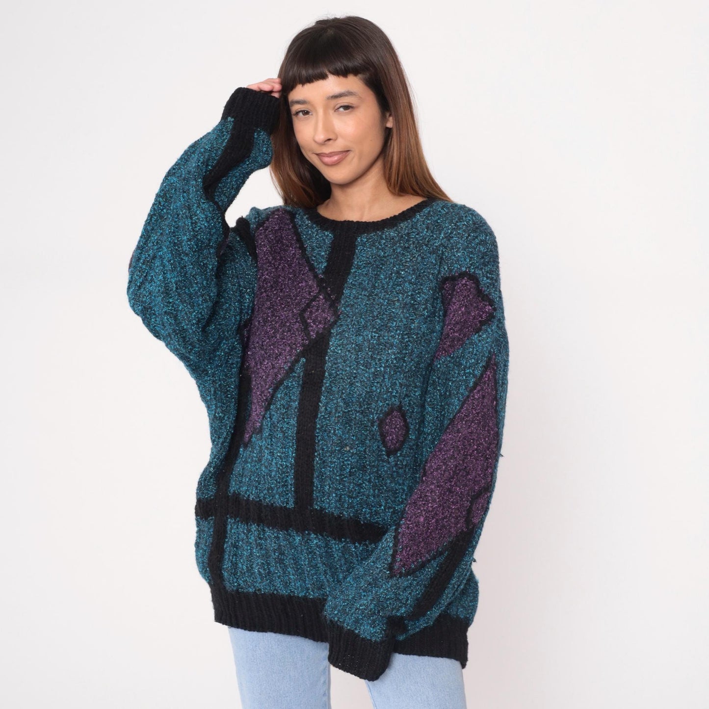 90s Geometric Knit Sweater Teal Purple Black Angular Pattern Crewneck Medium M