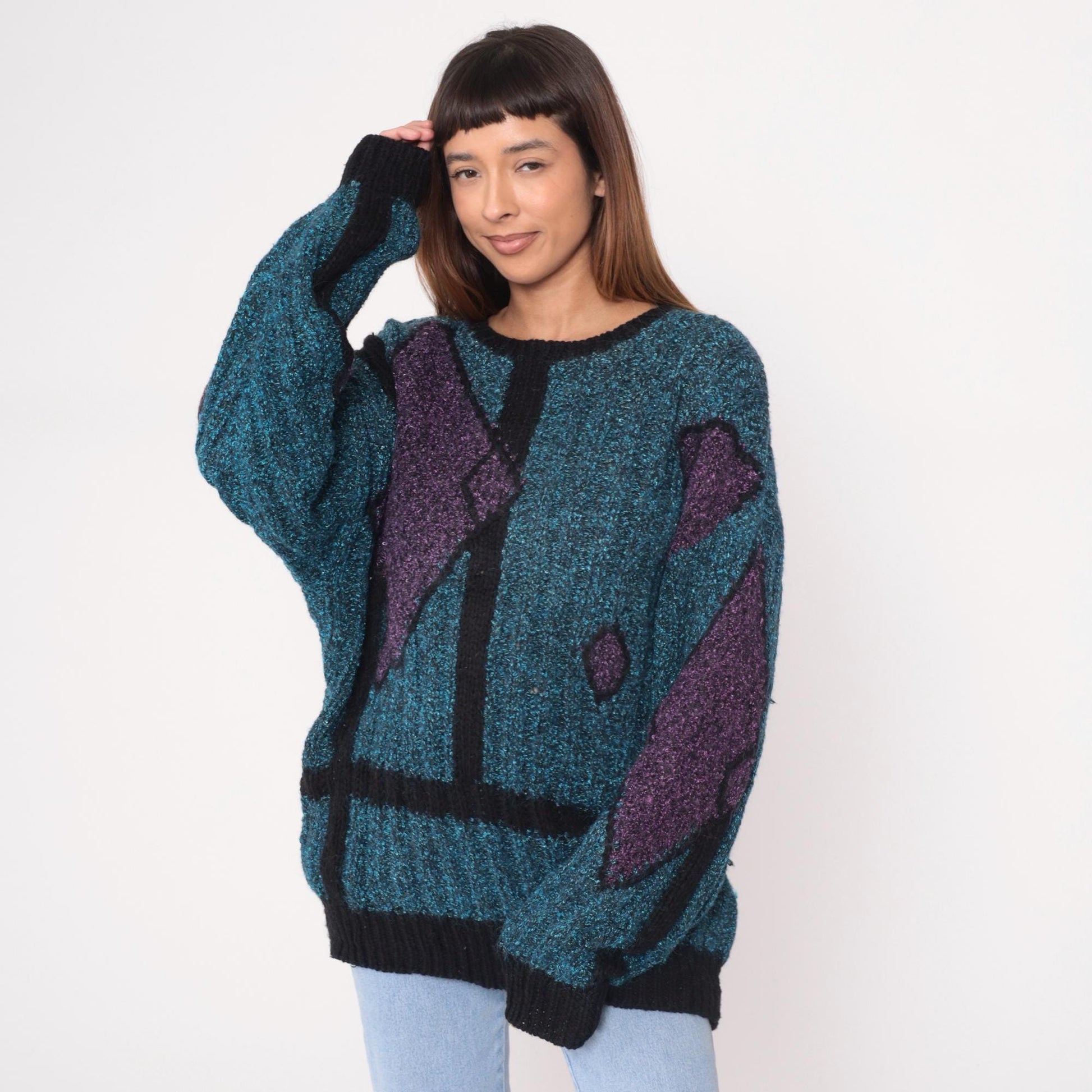 90s Geometric Knit Sweater Teal Purple Black Angular Pattern Crewneck Medium M