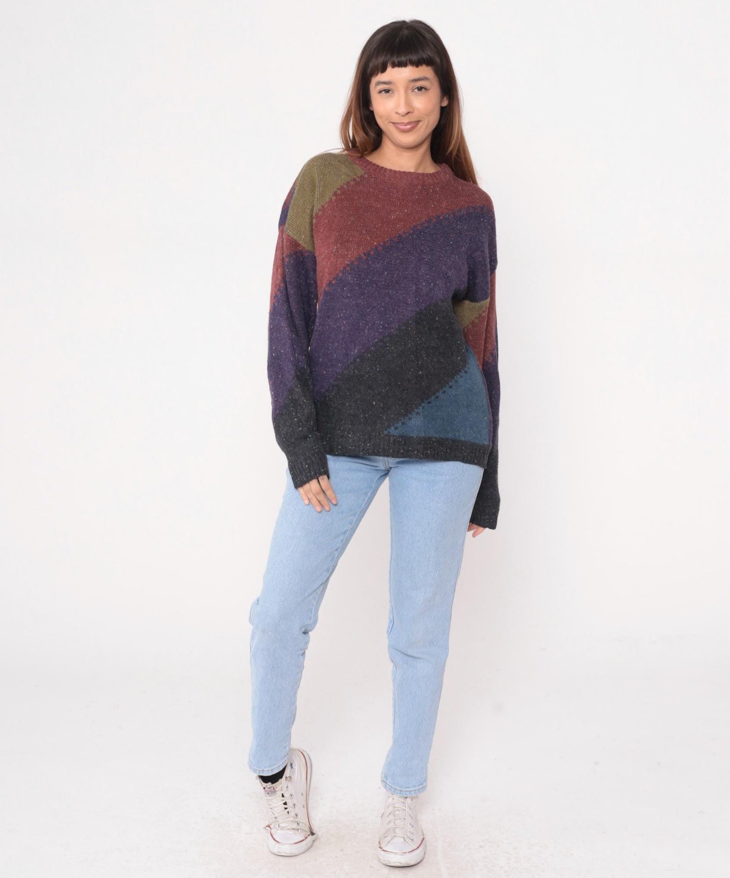 80s Method Colorblock Geometric Knit Sweater Crew Neck Large L