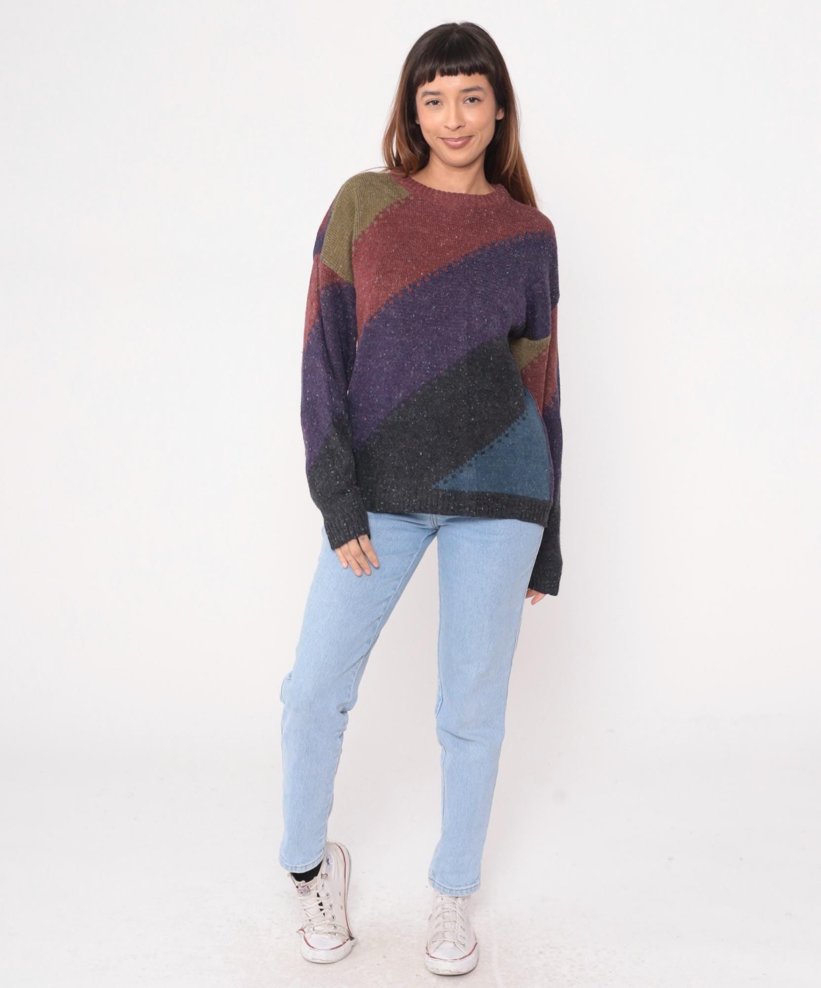 80s Method Colorblock Geometric Knit Sweater Crew Neck Large L
