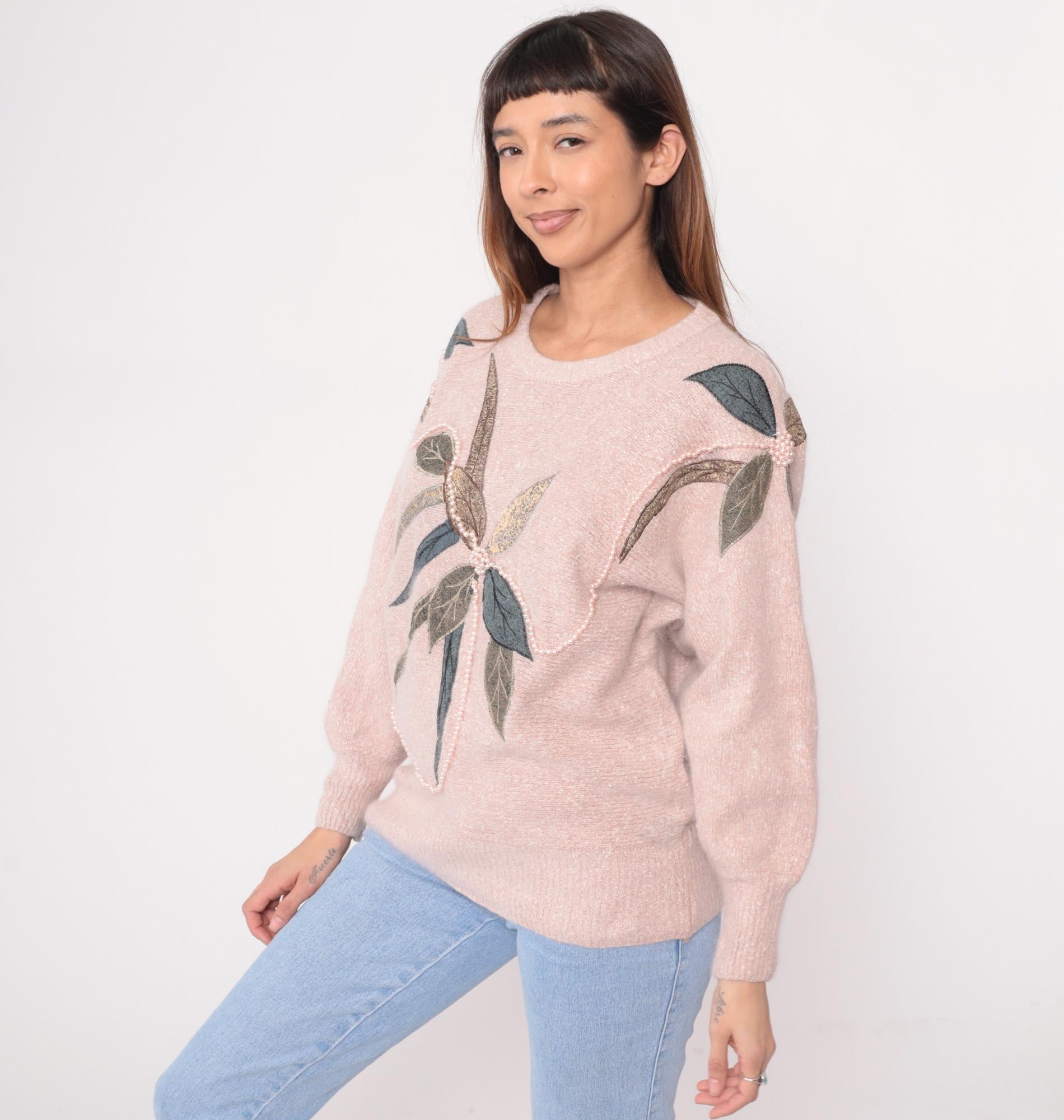 80s Belldini Pink Sweater Leaf Appliqué Beaded Knit Medium M